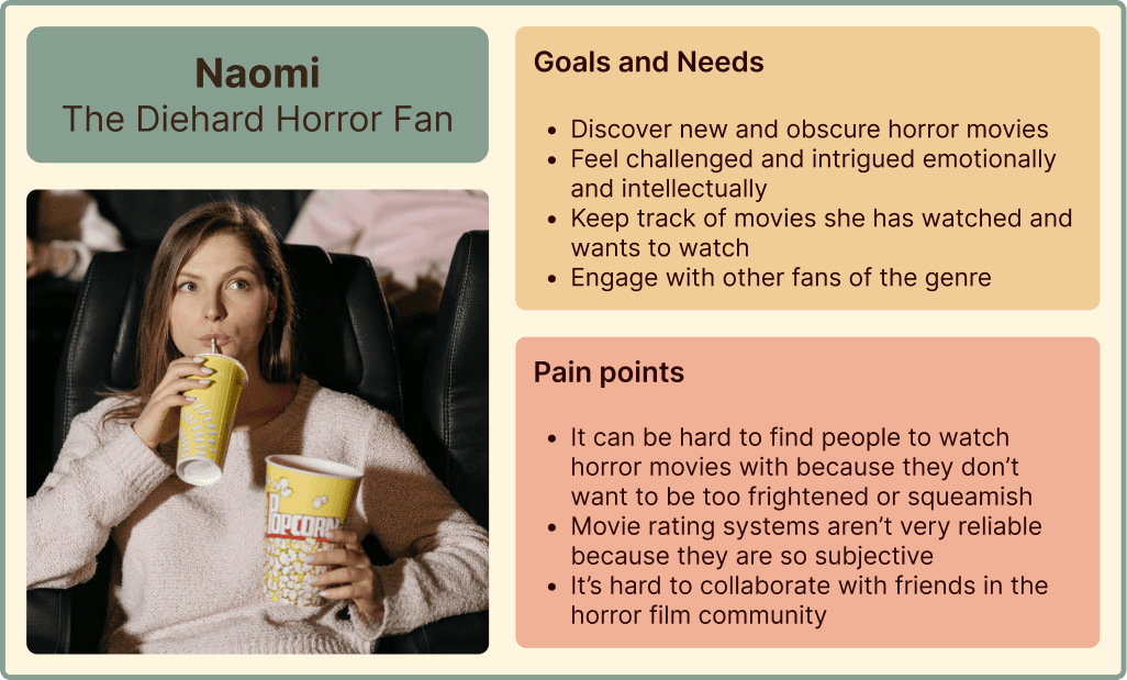 photo, needs, and descriptions of Naomi, the diehard horror fan