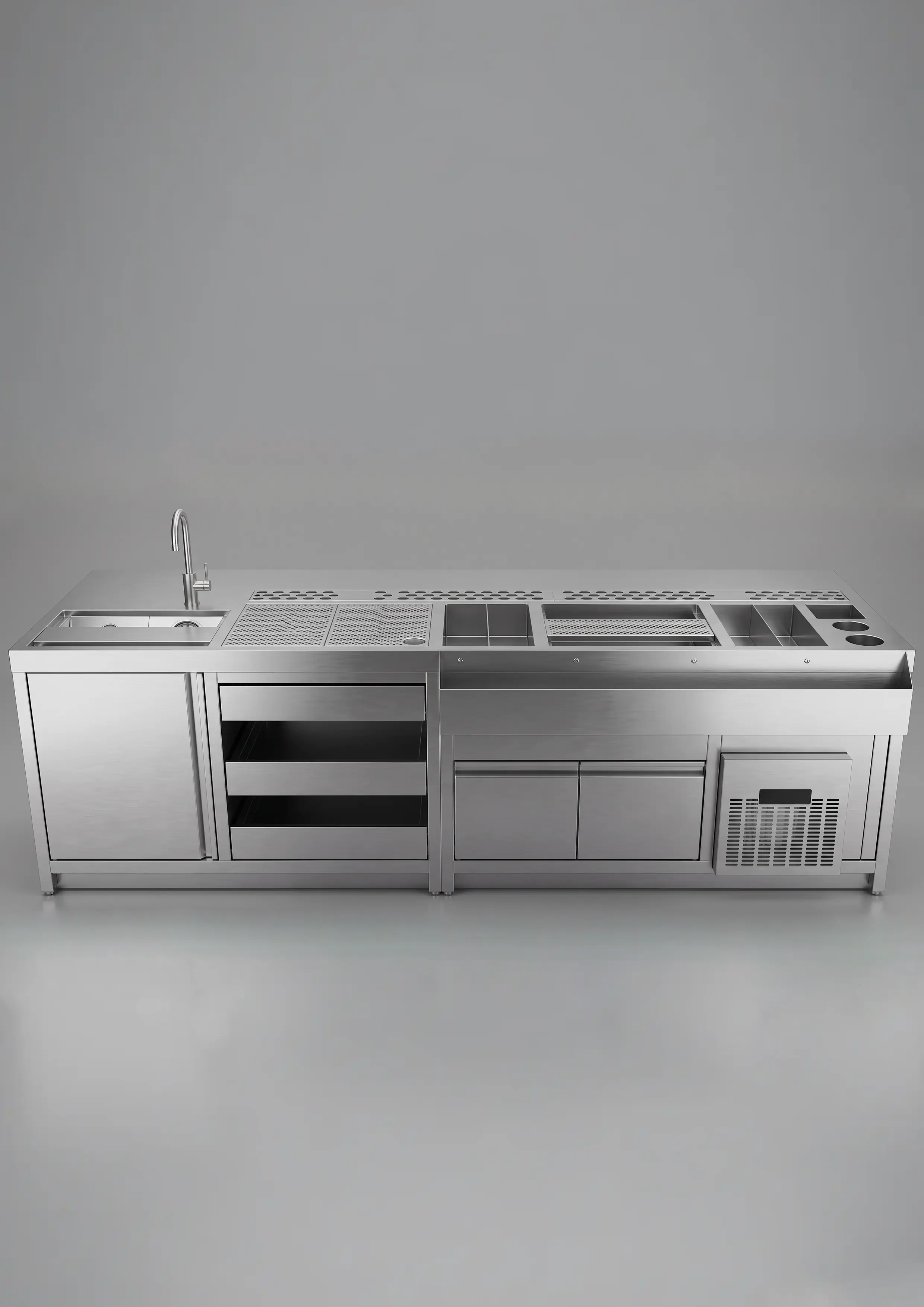 Custom-fabricated modular stainless steel bar workstation built from heavy-duty AISI 304 grade metal, featuring an integrated sink, multi-tier speed rails, storage drawers, and underbar refrigeration modules for high-volume hospitality operations