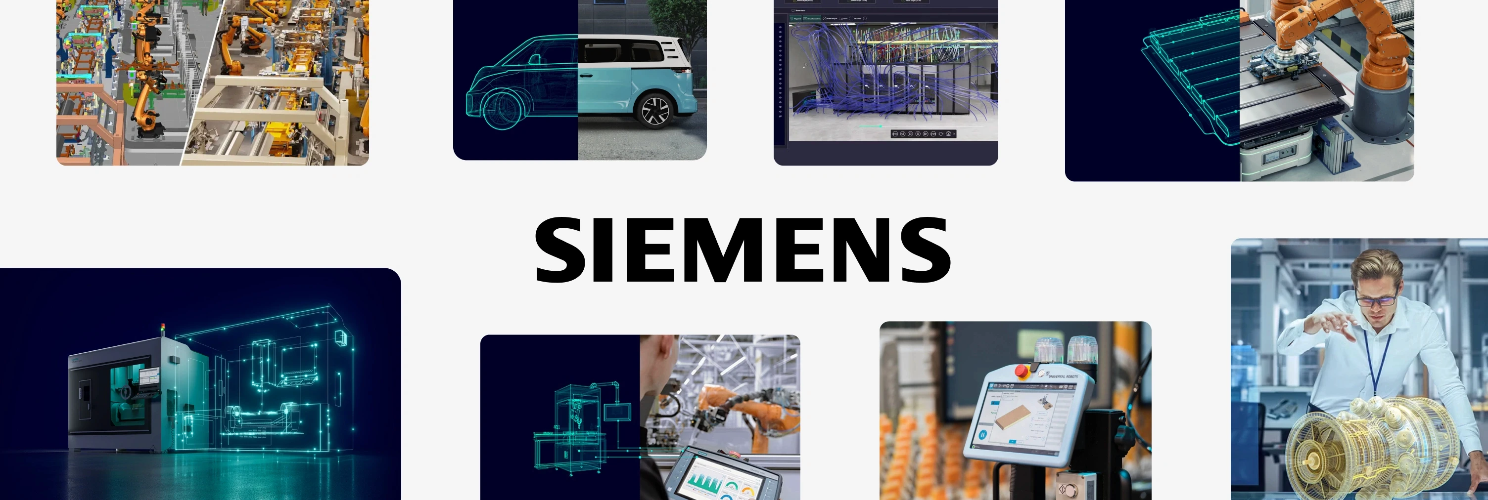 Siemens logo surrounded by industrial digital twin visualizations of production lines, vehicles, data centers and factory robotics