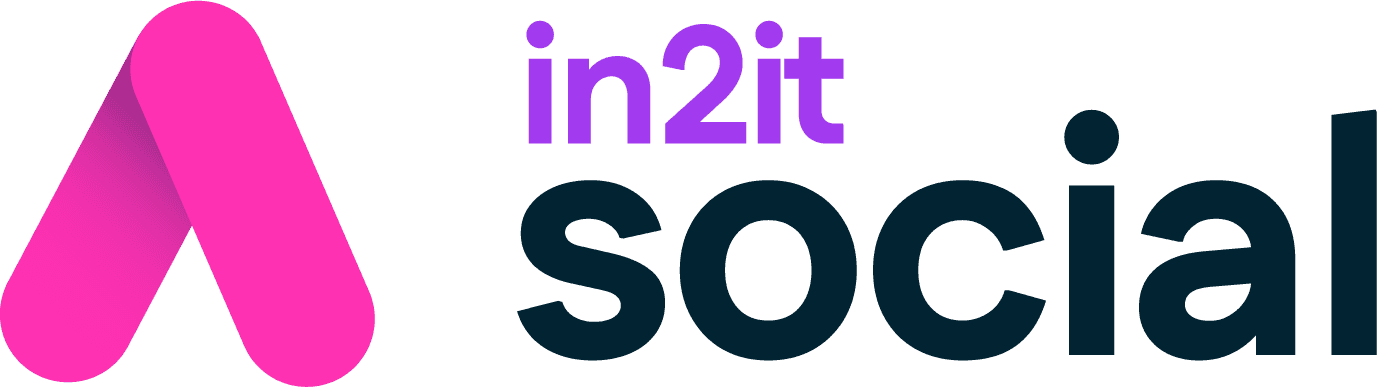 IN2IT Social official logo by Woody Technologies. Features a stylized pink "A-frame" or upward arrow icon next to the brand name in purple and dark grey. IN2IT Social is a professional tool for social media ingest and content discovery for broadcasters.
