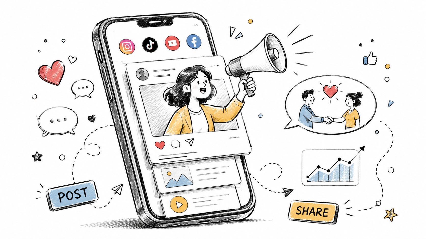 A digital illustration showing a mobile phone with social media icons and a woman broadcasting marketing messages