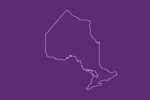 Outline of Ontario, Canada, in white on a red background.