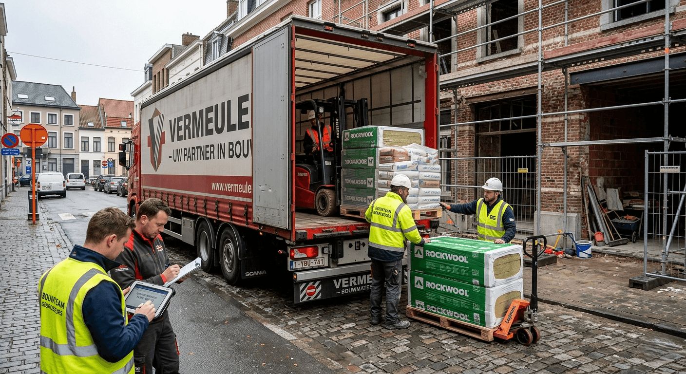 Livraison logistique de matériaux de construction en Belgique : déchargement d'un camion sur un chantier de rénovation urbaine. Des ouvriers réceptionnent des palettes d'isolant Rockwool et de sacs de mortier sous une lumière naturelle, avec un contremaître vérifiant les horaires de livraison sur une tablette.