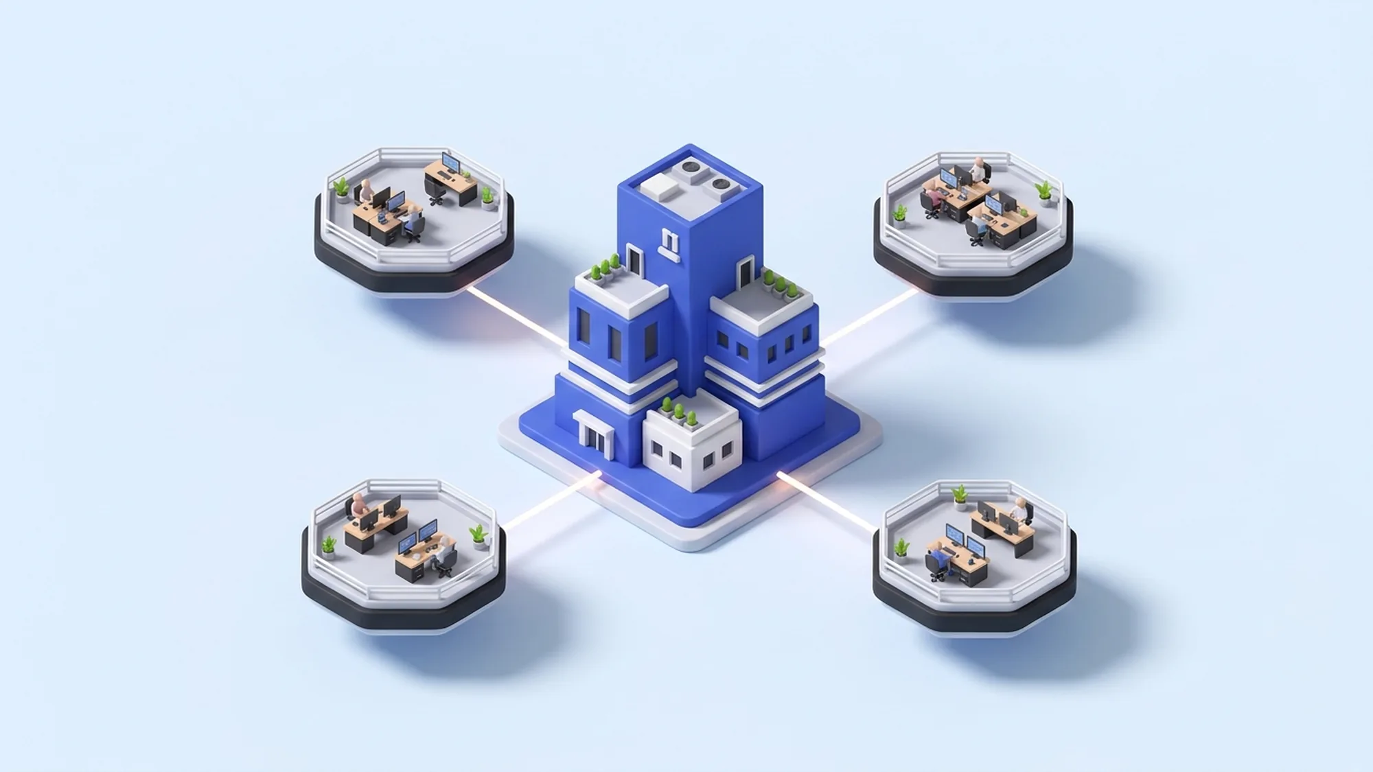 Illustration 3D d'une entreprise qui externalise ses activités auprès d'équipes offshore et nearshore