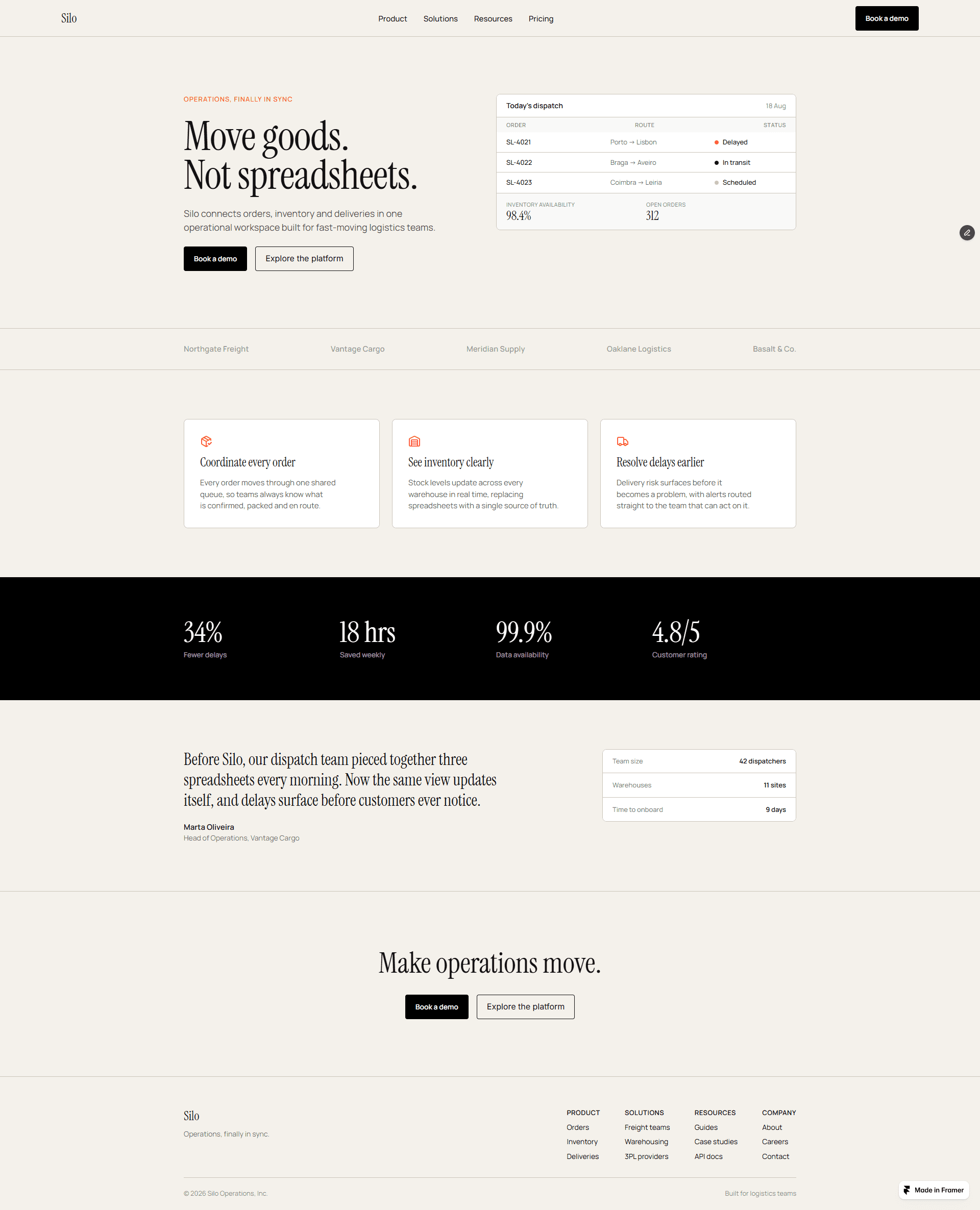 Full-page desktop screenshot of the Silo logistics landing page generated by Framer, featuring a dispatch dashboard, three feature cards, a black metrics section, a customer testimonial and a final call to action.
