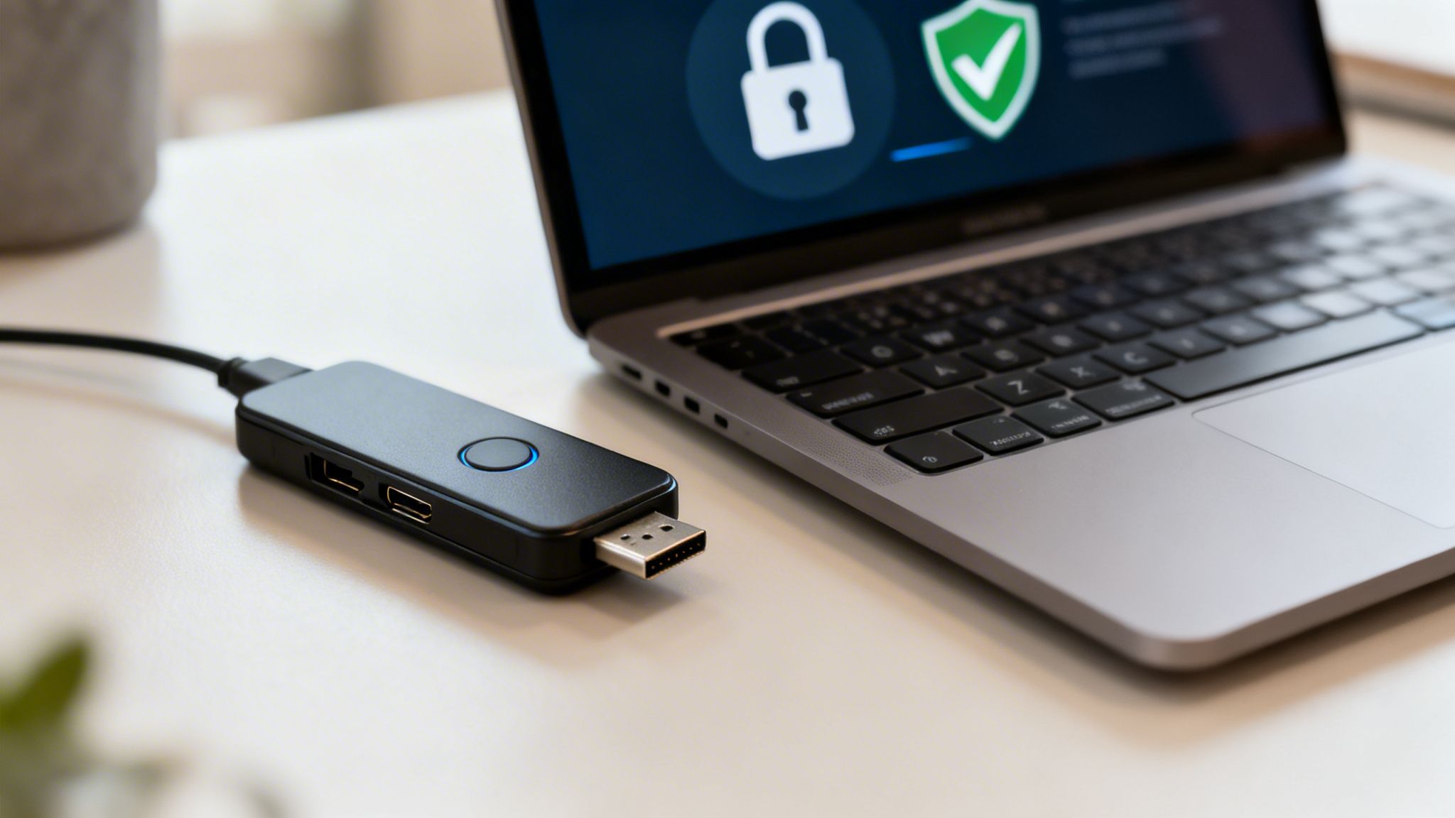 A black USB hub connected to a laptop displaying security icons on its screen.