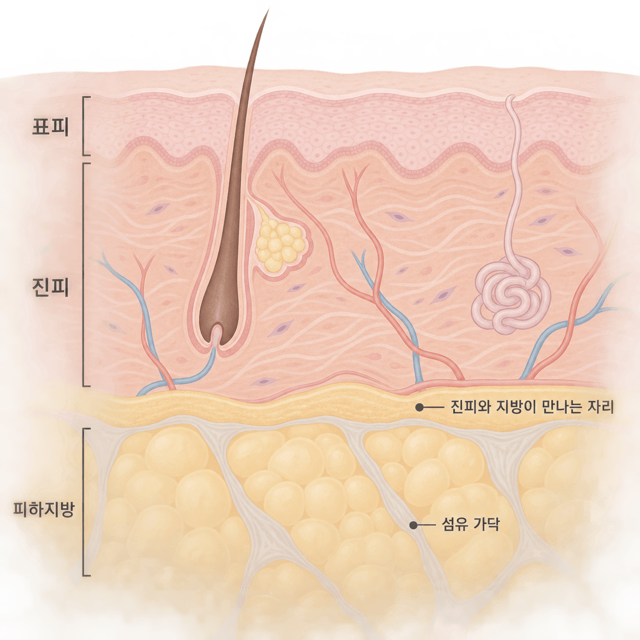 진피와 피하지방이 만나는 자리, 지방 사이 섬유 가닥이 놓인 모습이에요