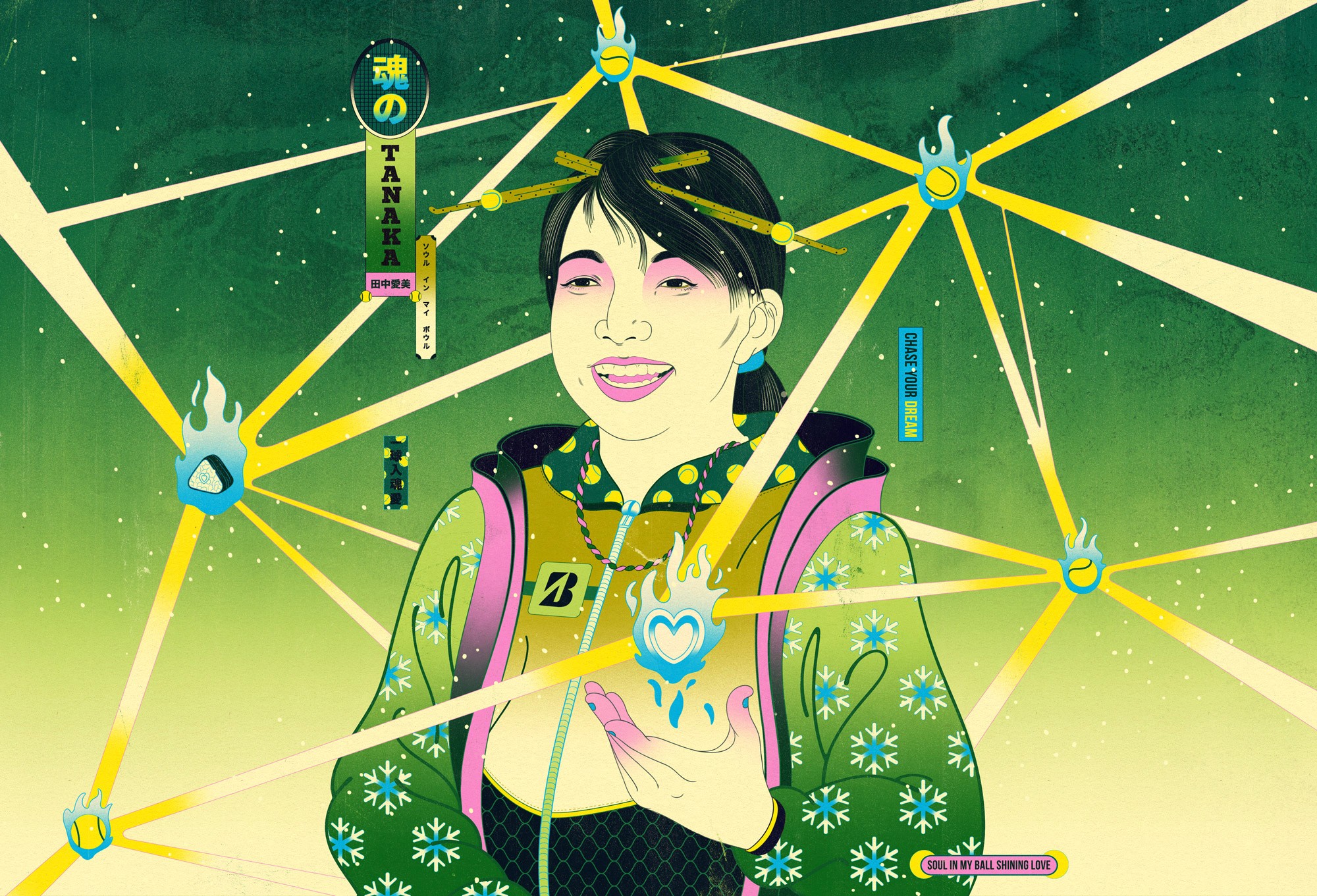 Illustration for Bridgestone Chase Your Dream showing Paralympian Mami Tani surrounded by glowing blue flames and connected beams of light.