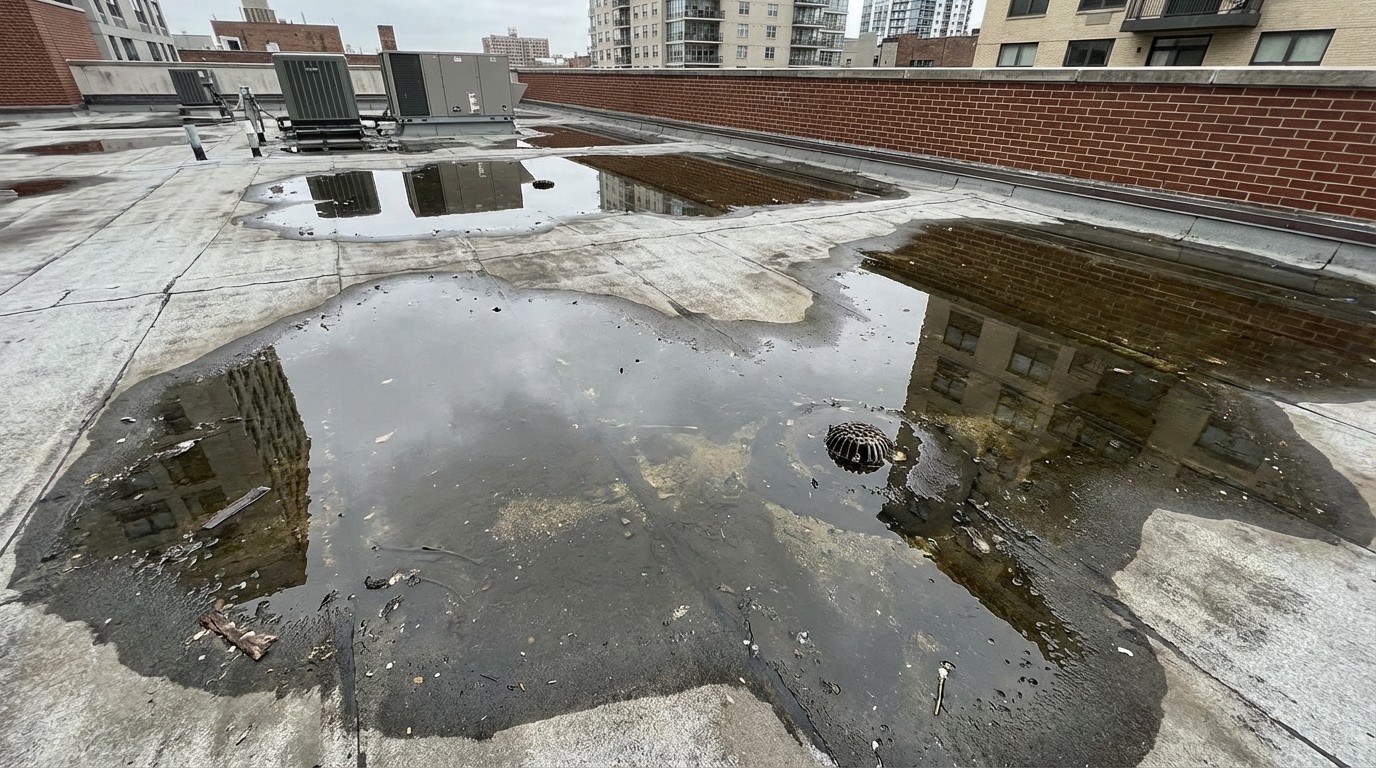 Ponding water on flat roof from inadequate slope