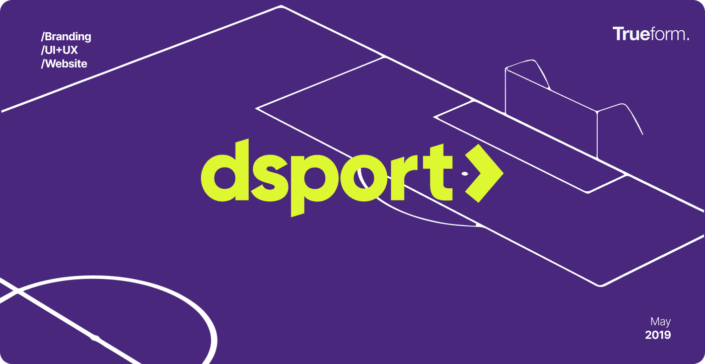 The image features a purple background with a minimalist outline of a soccer field and goal in white, accompanied by bold yellow text reading "dsport" in the center, showcasing a branding, UI-UX, and website design theme by Trueform.