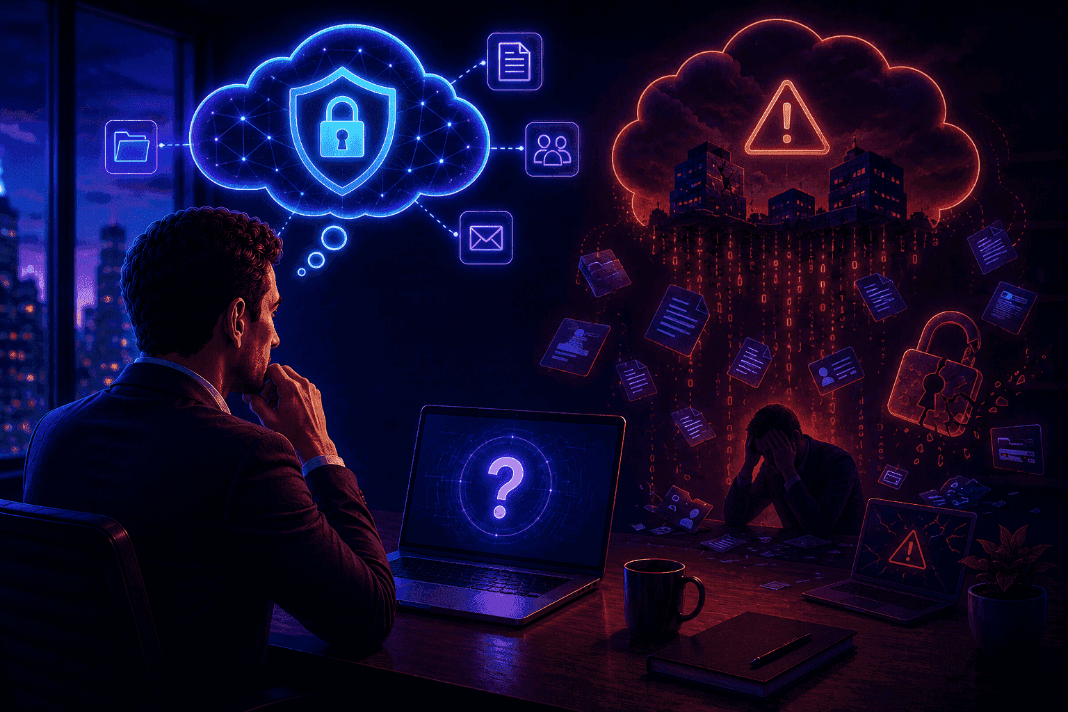 Business manager considering the importance of data loss prevention policies while visualizing the contrast between secure cloud protection and the consequences of a major data leak.