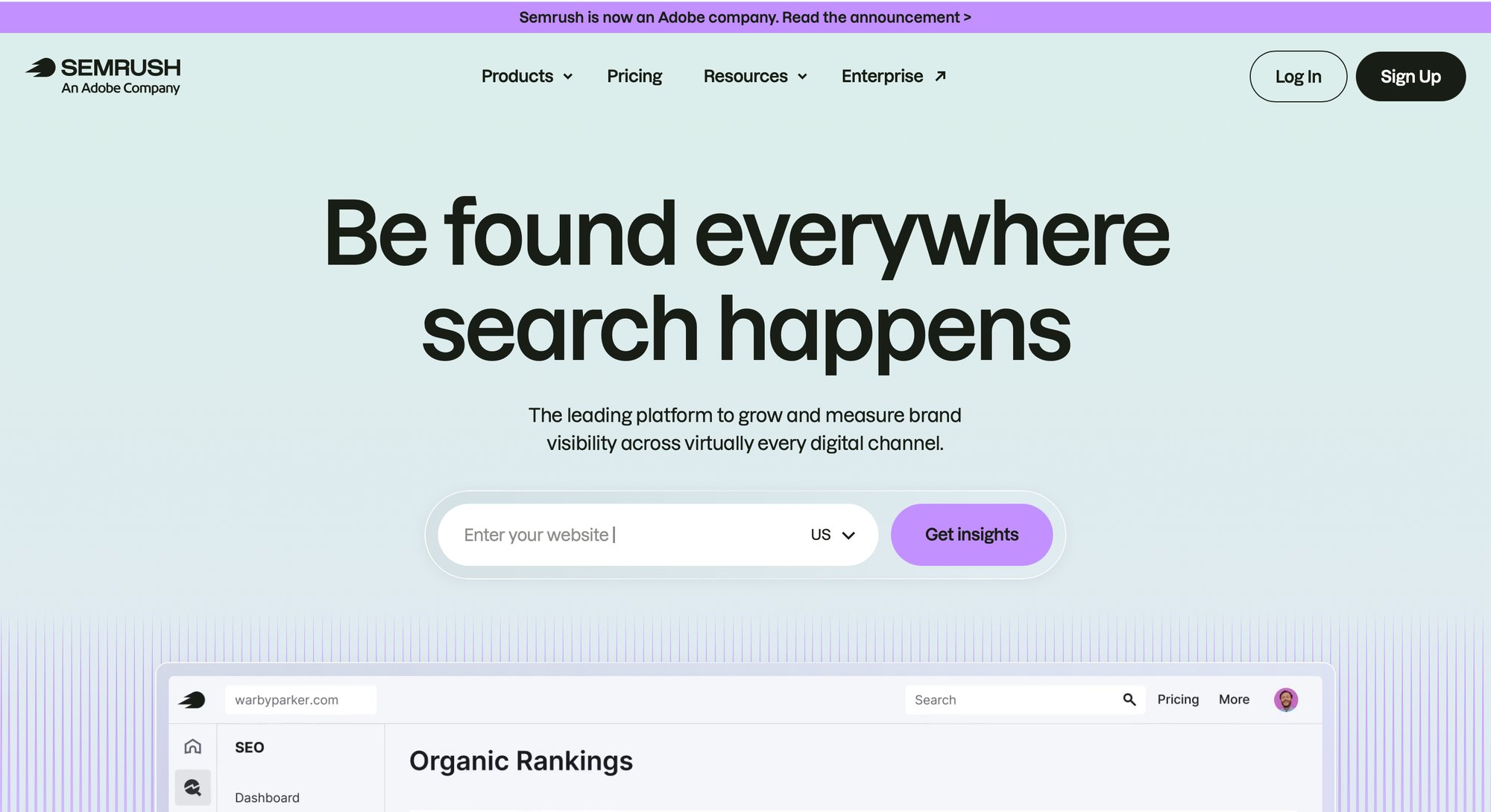 Semrush website homepage promoting its search visibility platform, featuring a headline and input field.