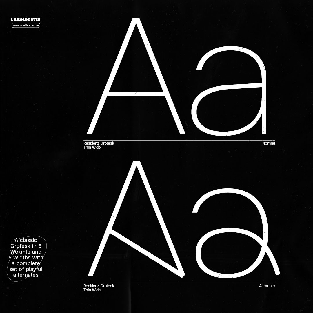 big type showing "Aa" comparing normal and alternate styles of Residenz Grotesk