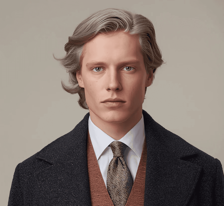 A young man with blond hair wearing a dark coat, a rust-colored vest, and a patterned tie, conveys a sophisticated and serious tone.