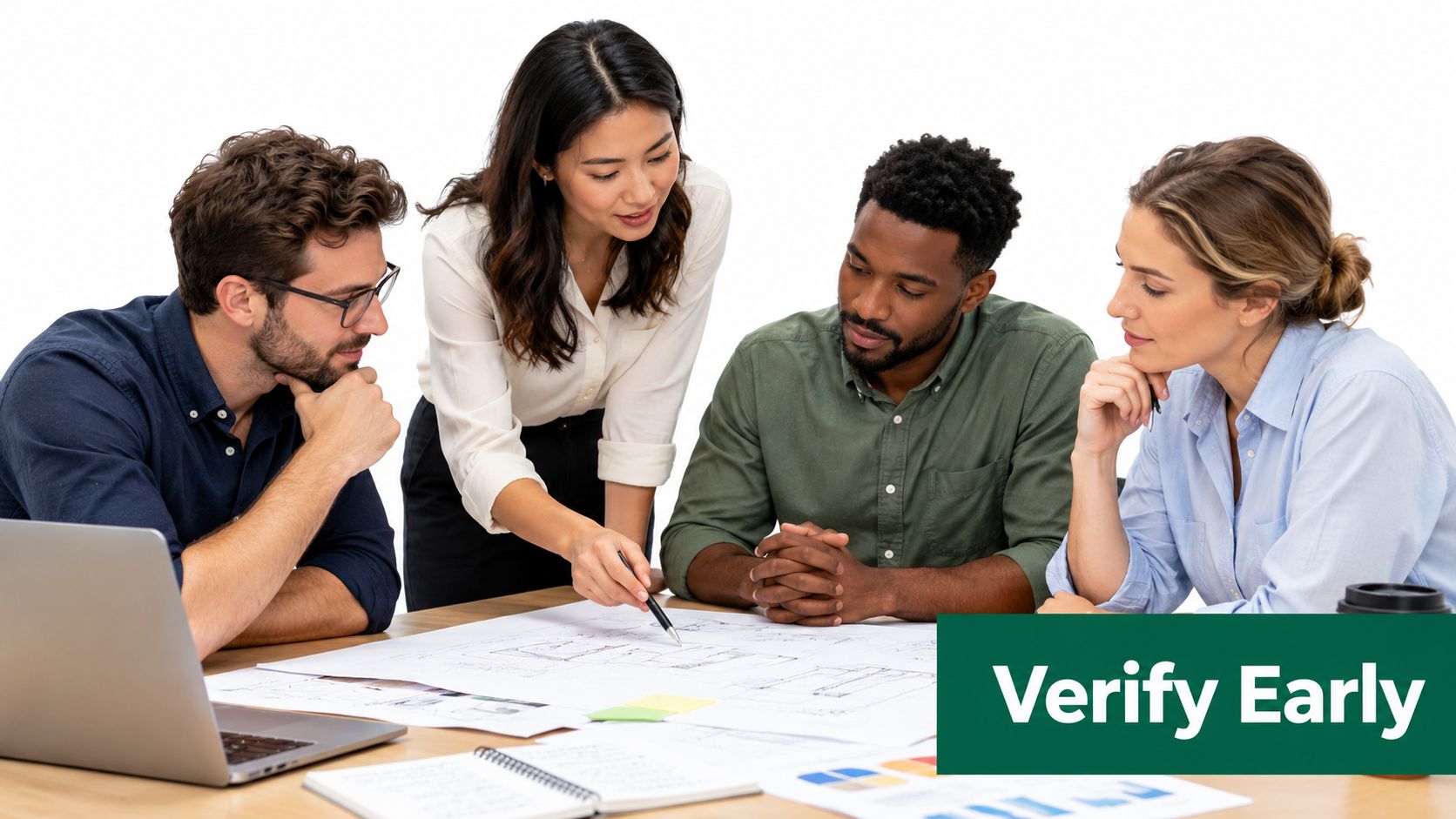 A diverse team of four professionals collaborating and reviewing architectural blueprints at a desk with a laptop.