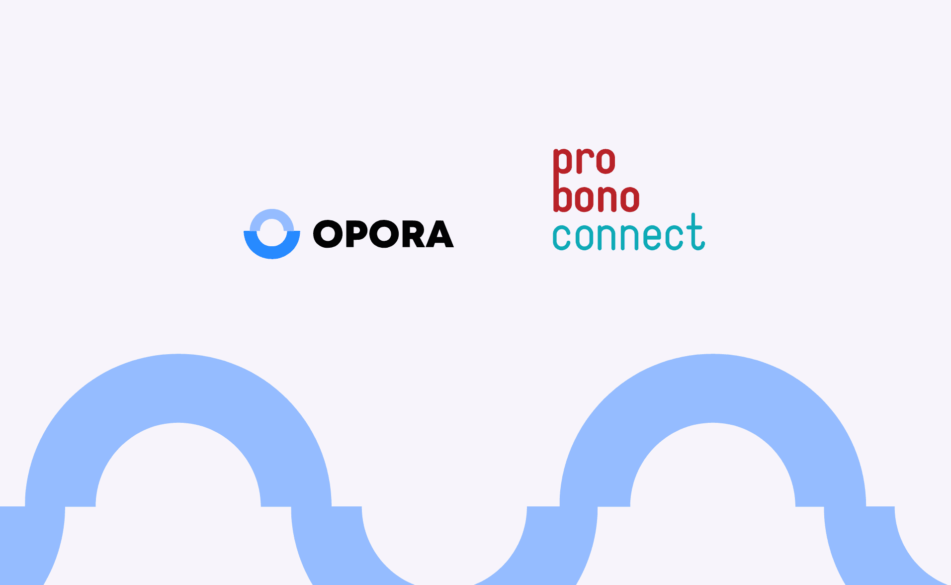 Logos of OPORA Foundation and Pro Bono Connect on a light background with abstract arch shapes in blue.