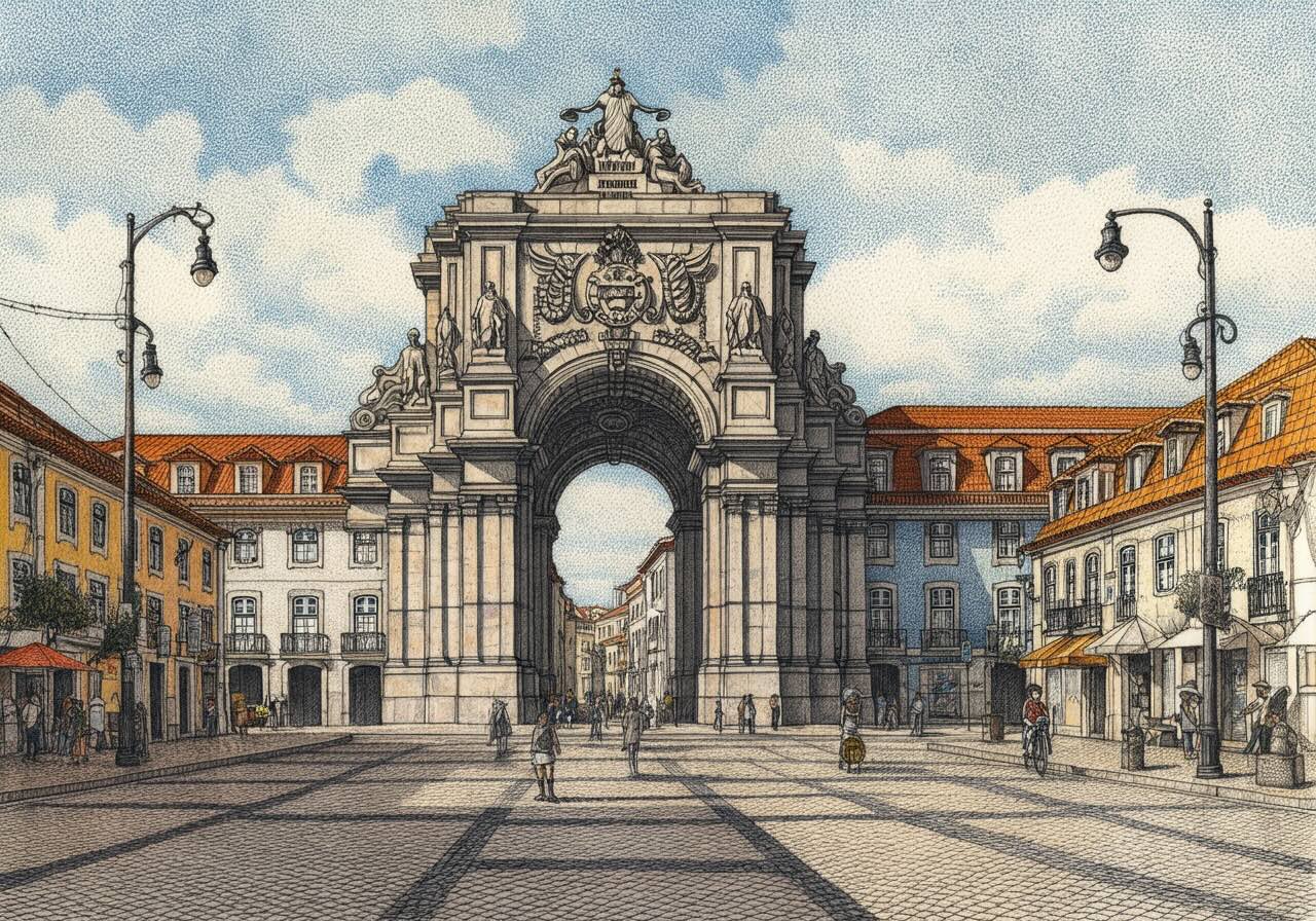 A detailed illustration of the Arco da Rua Augusta in Lisbon, Portugal, featuring its grand arch, intricate sculptures, and a lively square with people.