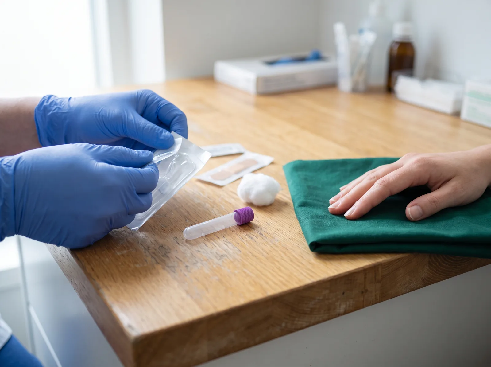 Gloved hands opening a sterile finger-prick sample pack beside a small sample tube