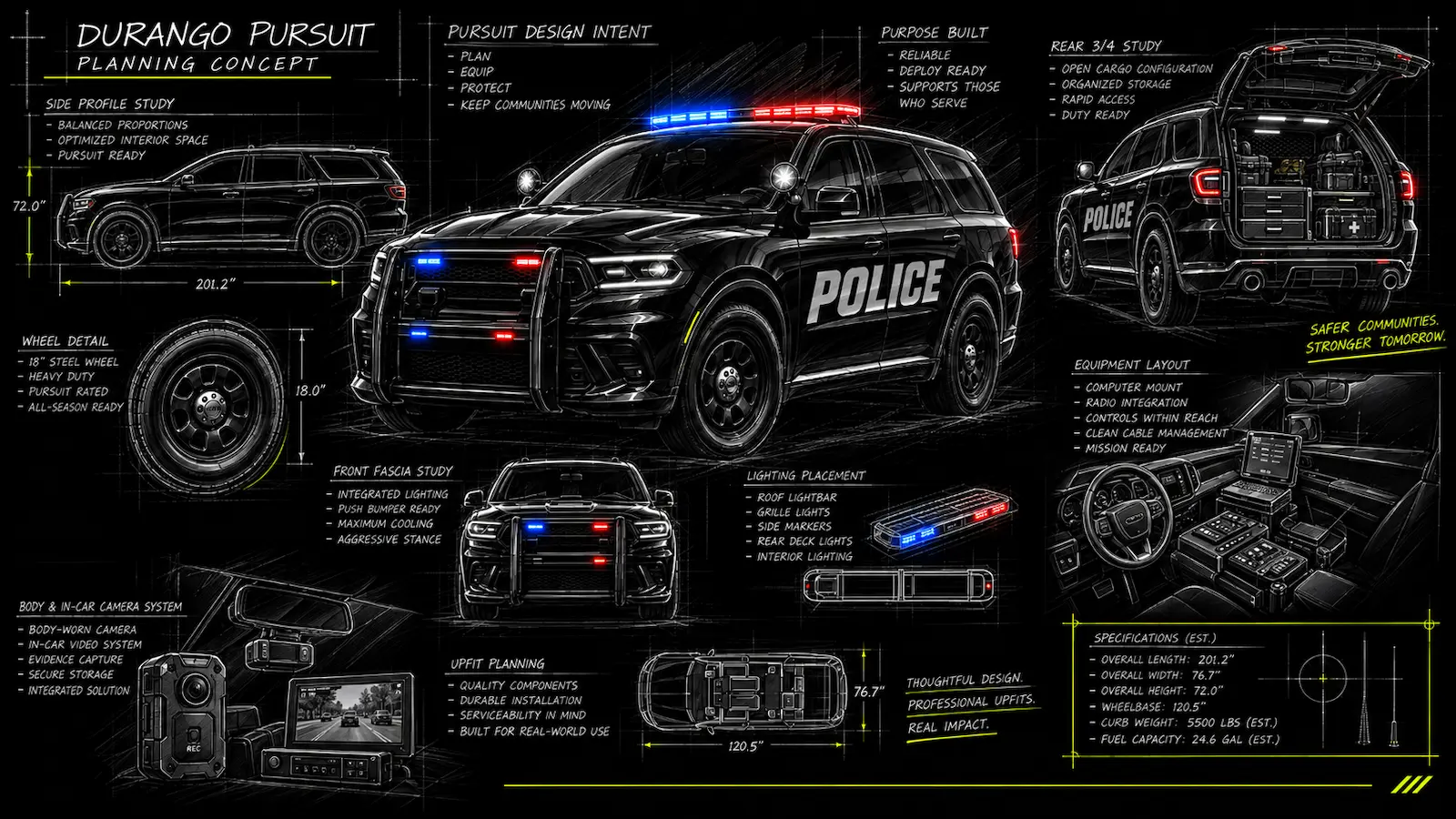 Blueprint-style Dodge Durango police vehicle upfitting plan with equipment, lighting, camera and storage design details