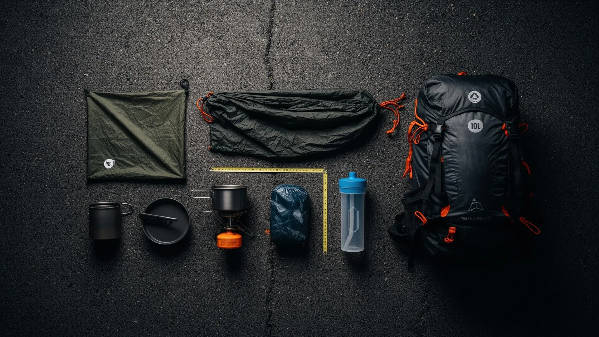 Flat lay of ultralight hiking gear including backpack, camping stove, cookware, water bottle, and compact outdoor equipment on a dark surface