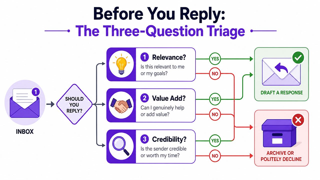 A flow chart explaining a three-question triage process for deciding whether to reply to an email.