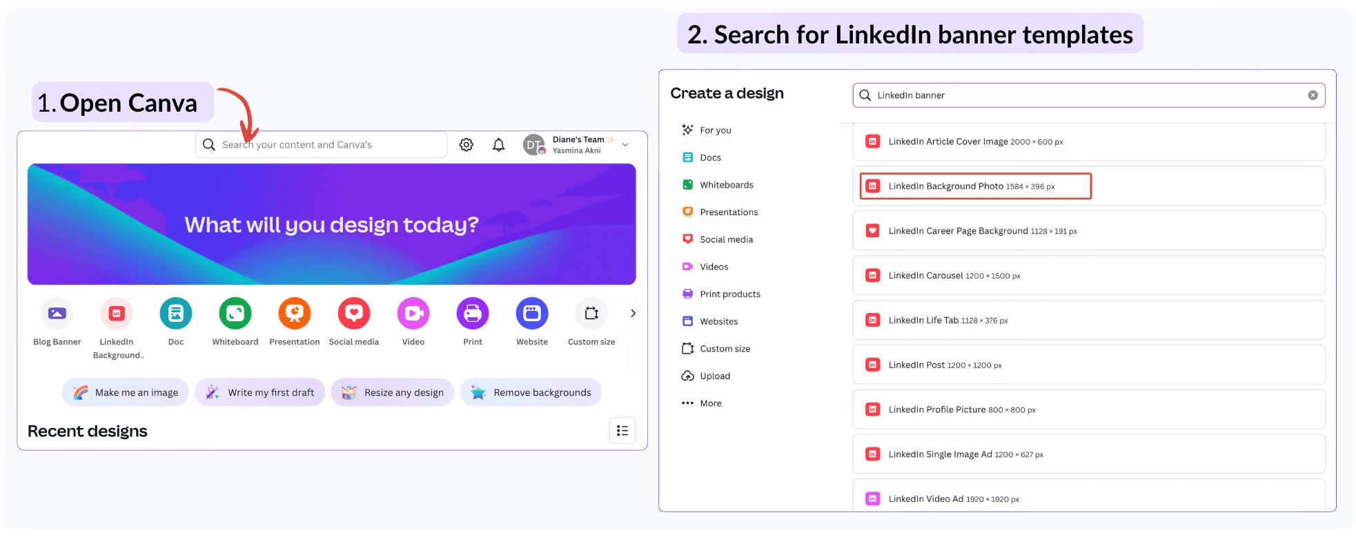 Recherchez des modèles de bannières LinkedIn sur Canva et choisissez le bon format