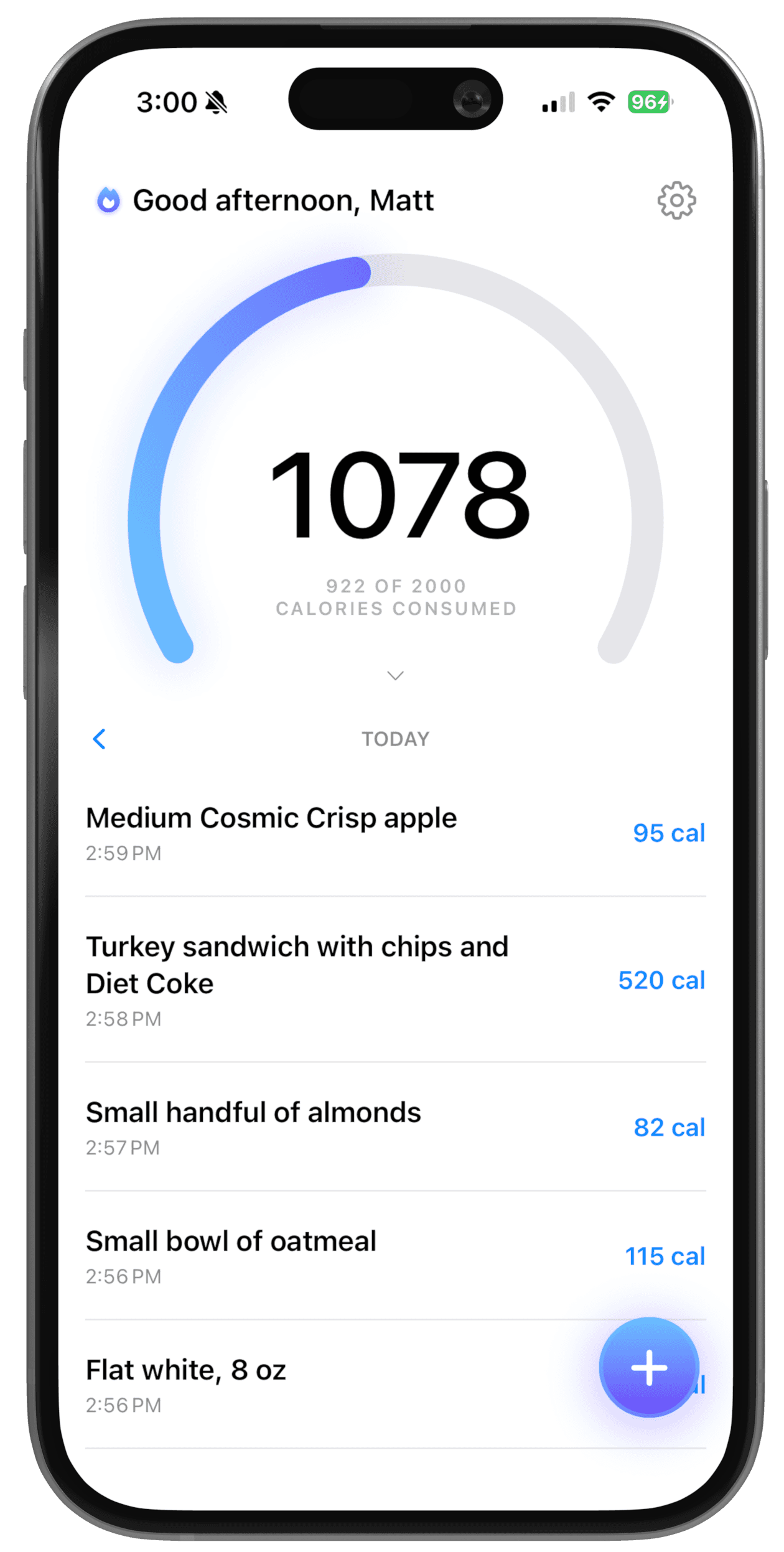 Nosh app showing a food entry with calorie breakdown