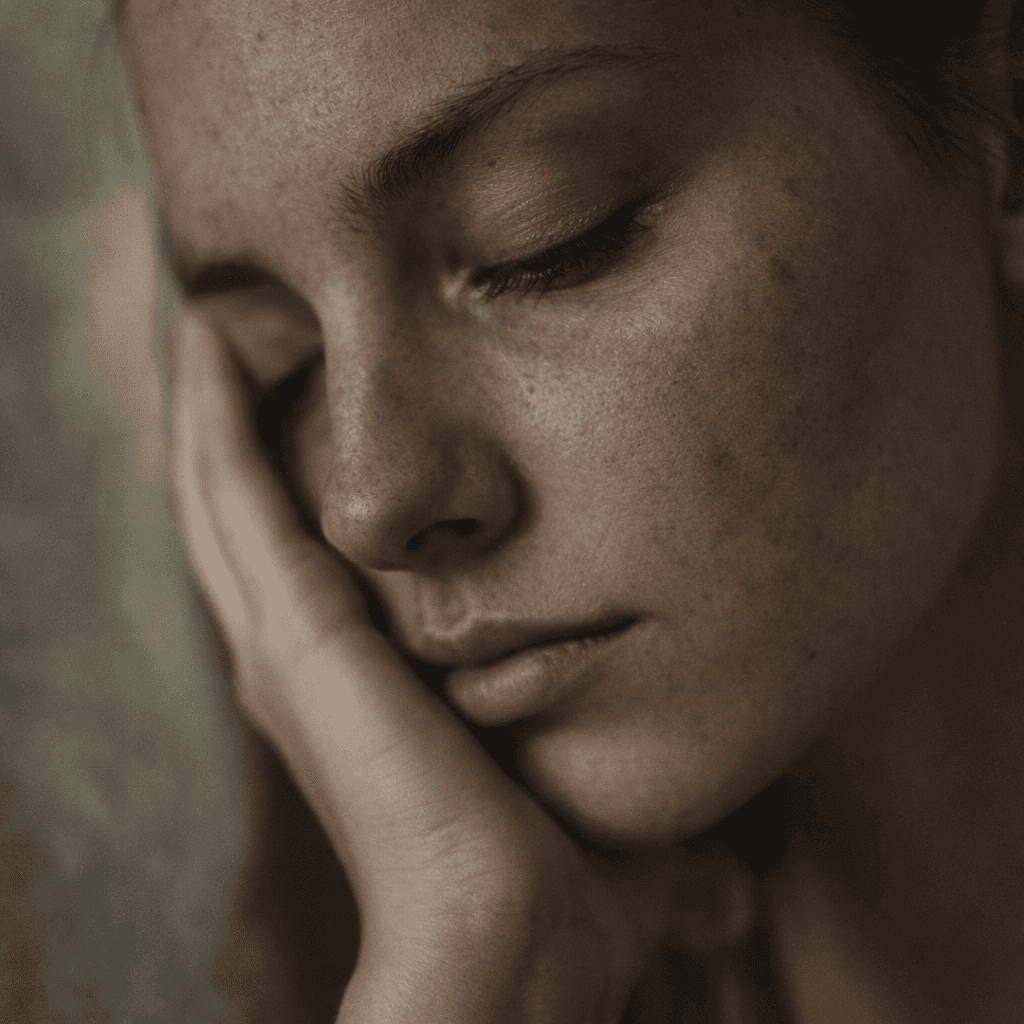 Close-up of a woman with dull, textured skin under soft natural lighting.