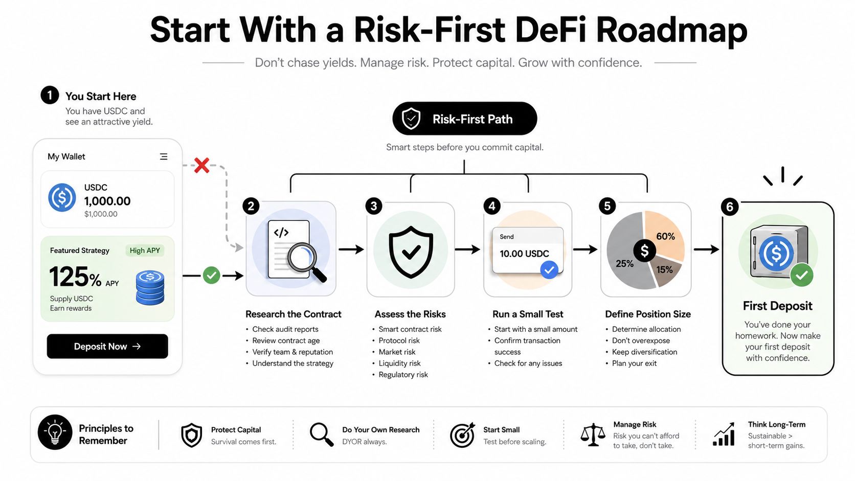 A six-step infographic illustrating a risk-first DeFi roadmap for safely investing USDC into high yield strategies.