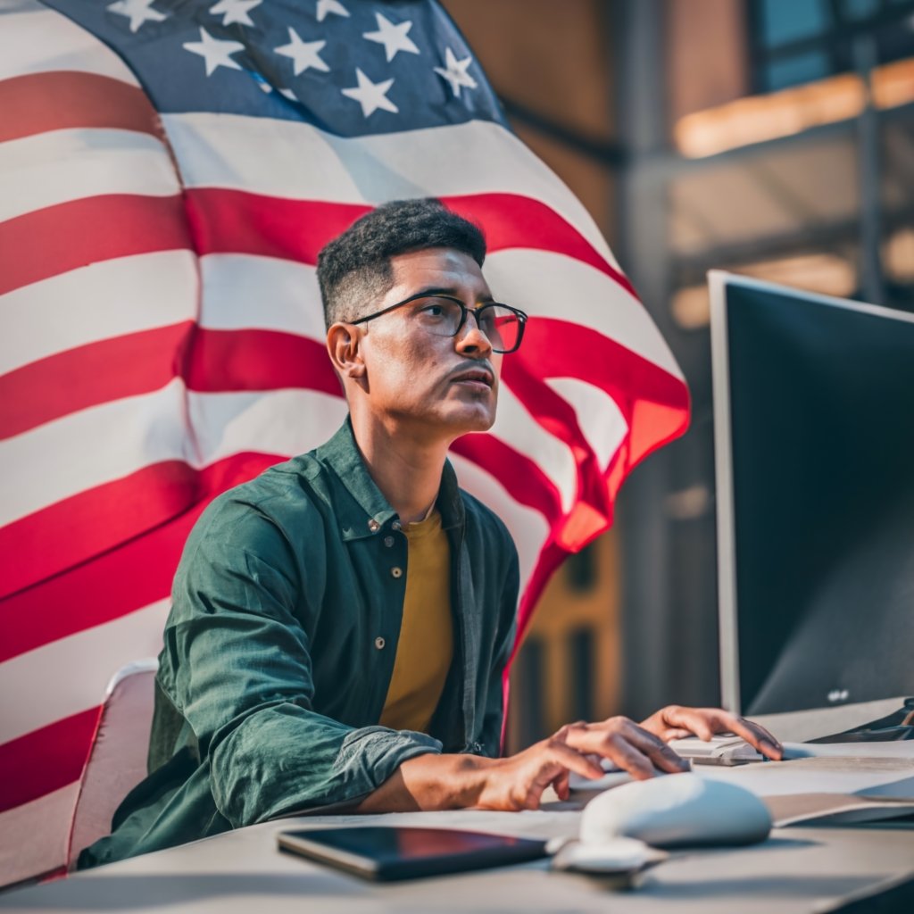 A U.S. flag next to a stack of immigration forms and a computer, symbolizing the EB3 Visa application process.