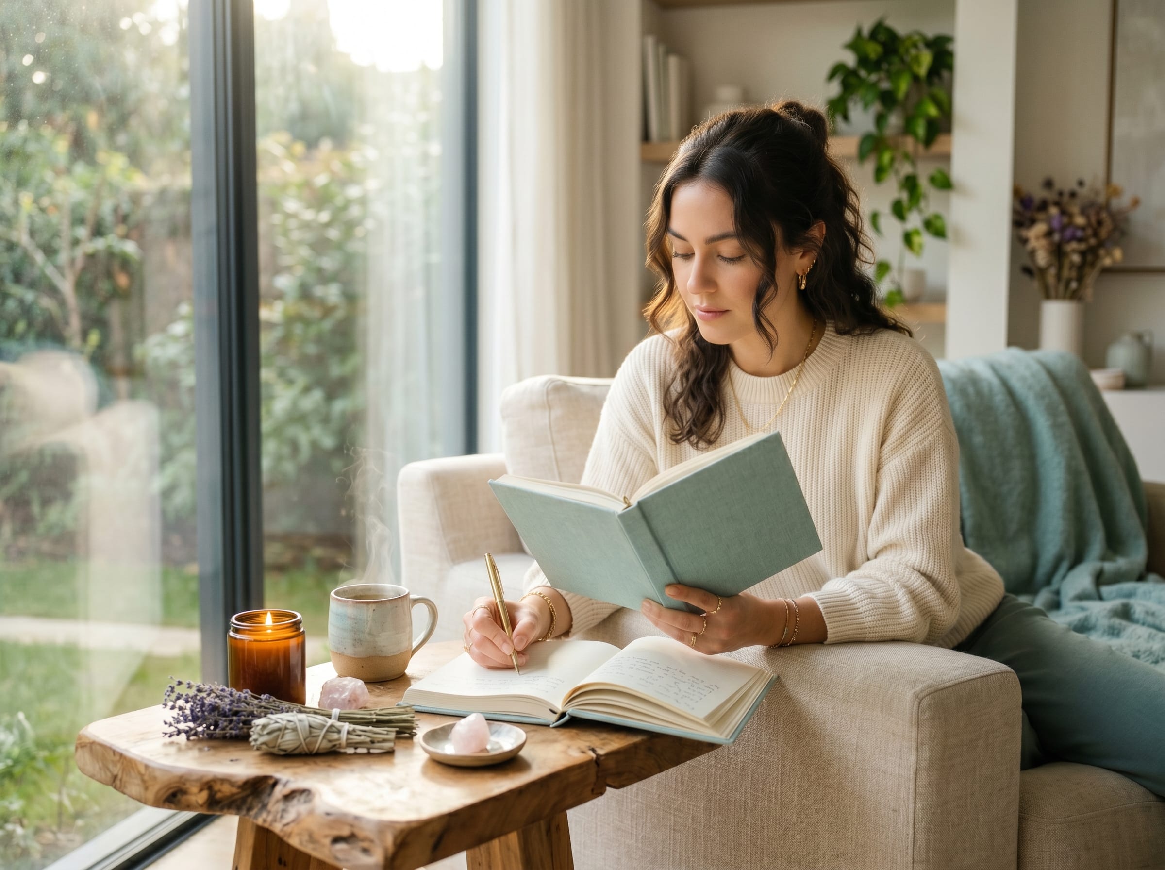 Woman journaling and reading during a peaceful self-care routine