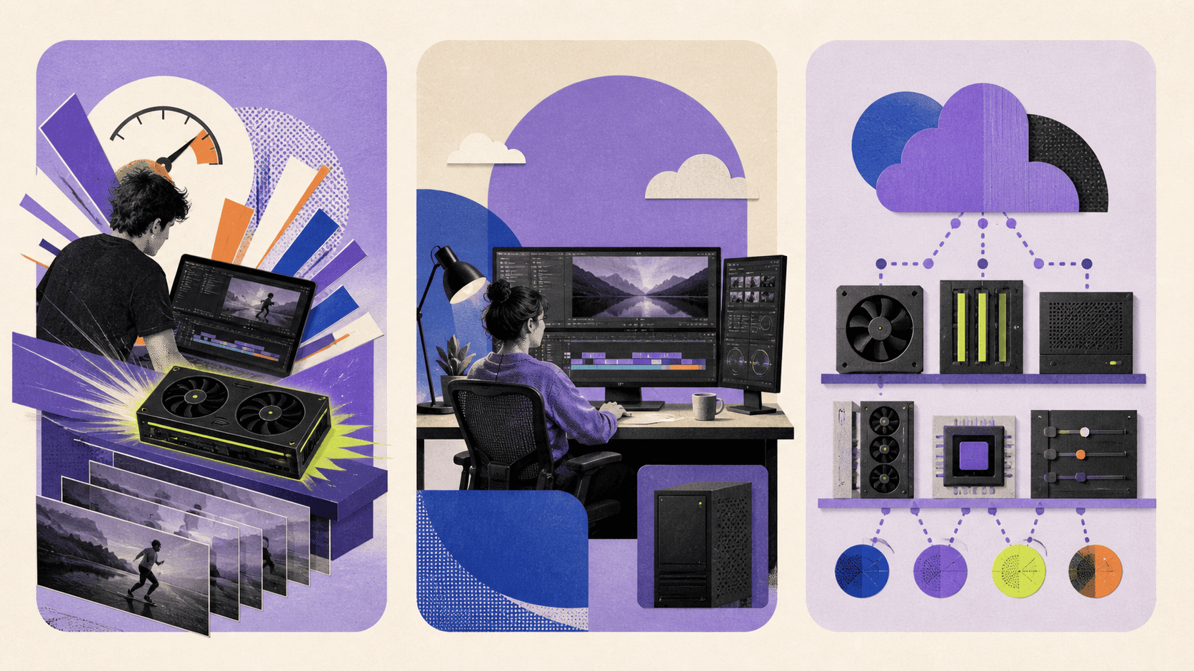 Illustration showing video files moving from camera memory cards through cloud storage to an editing timeline