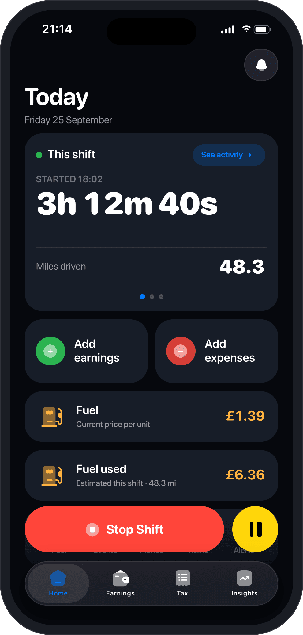 Boon Home screen with a shift running
