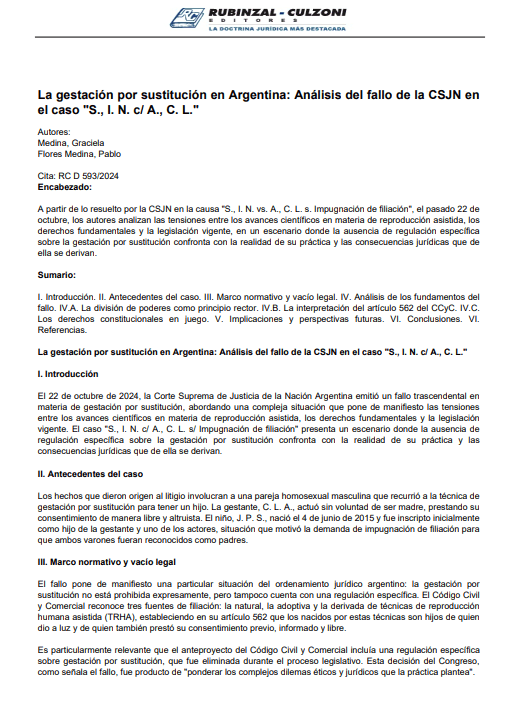 Primera página del artículo "La gestación por sustitución en Argentina", por Graciela Medina y Pablo Flores Medina. Rubinzal-Culzoni.