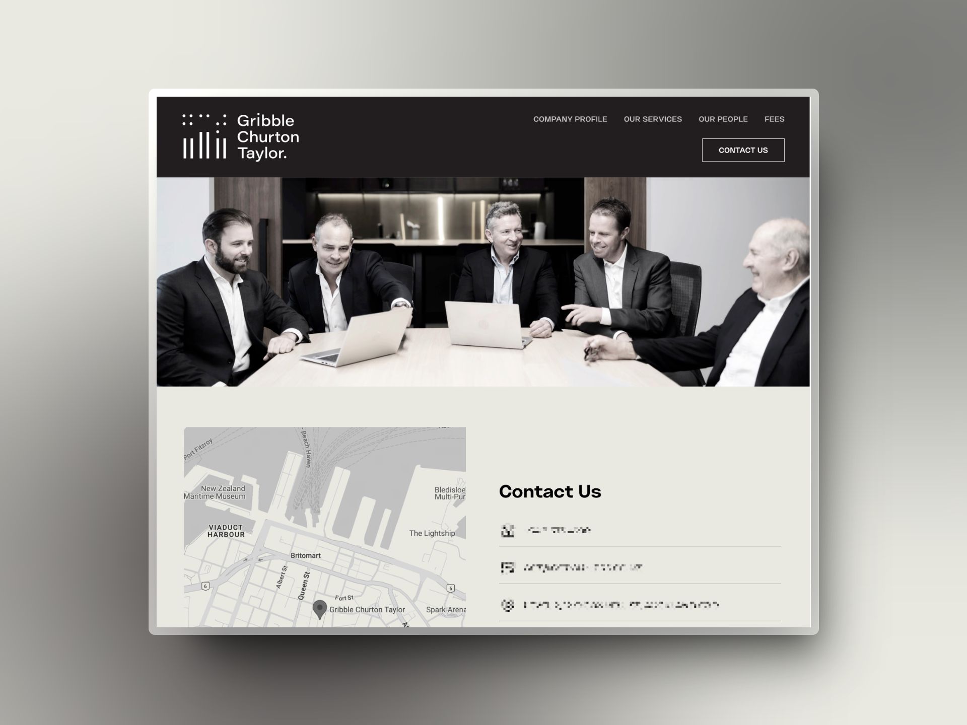 Gribble Churton Taylor contact page showing Auckland team meeting and location map near Viaduct Harbour, showcasing professional property valuers in discussion