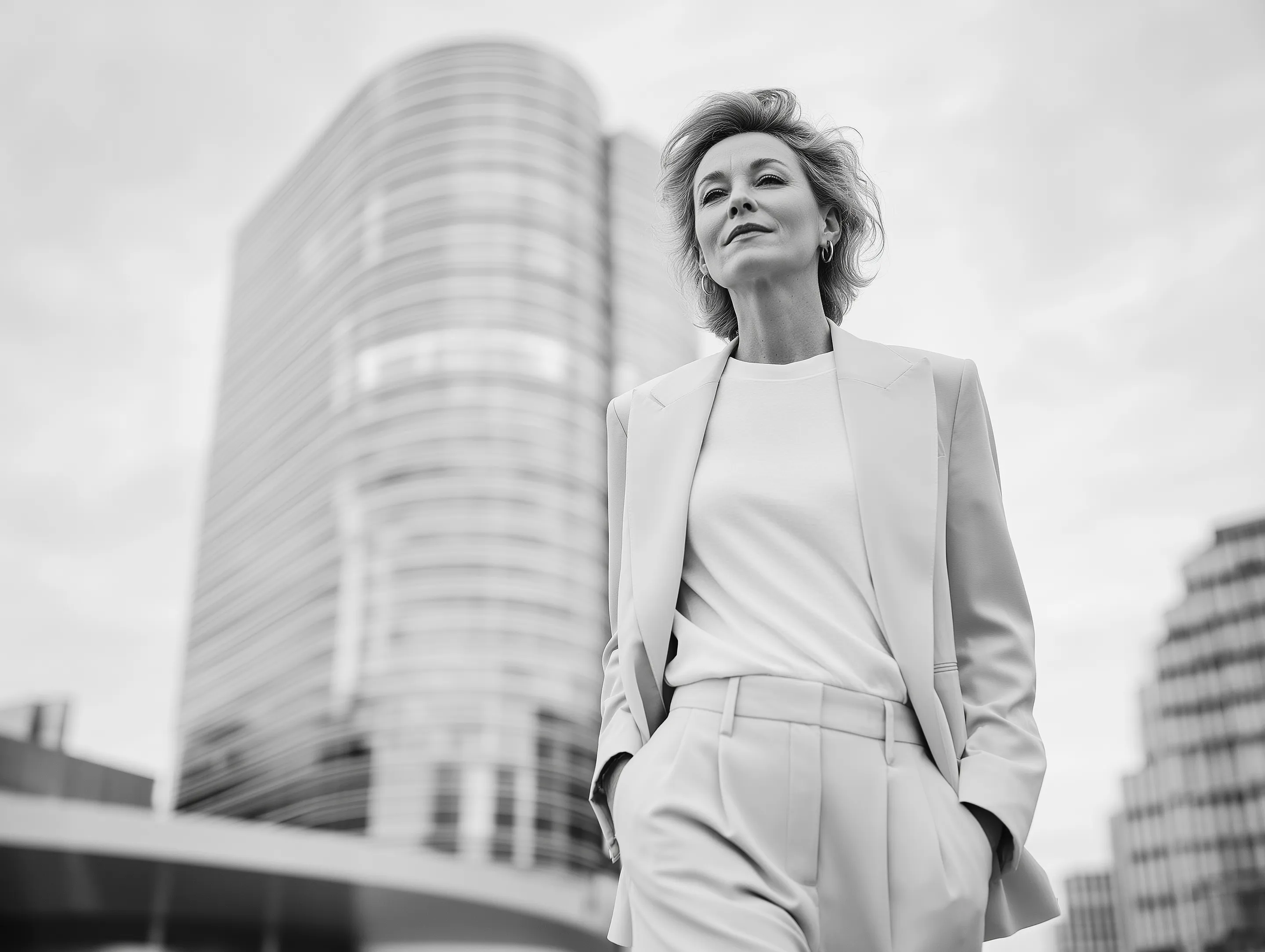 Schwarz-Weiß Foto einer erfolgreichen Geschäftsfrau mit selbstbewussten Auftreten