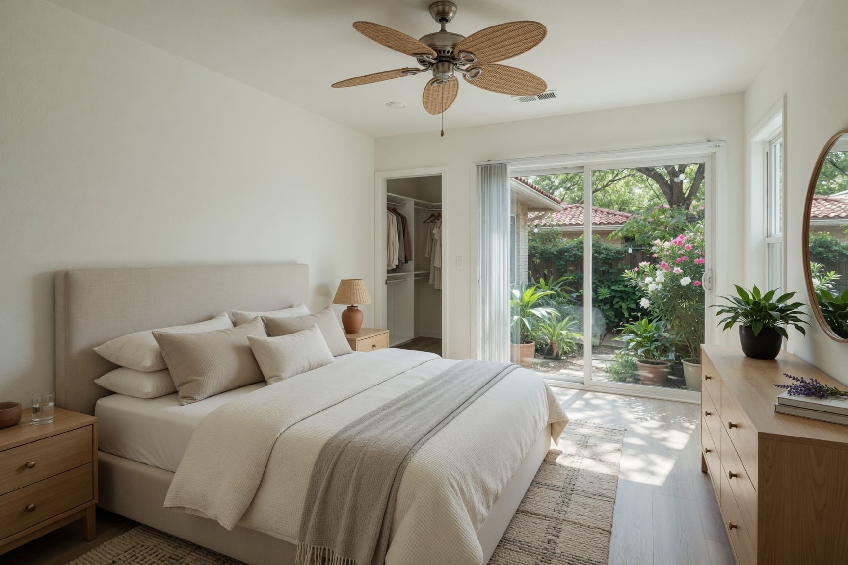Primary bedroom with garden access and ceiling fan