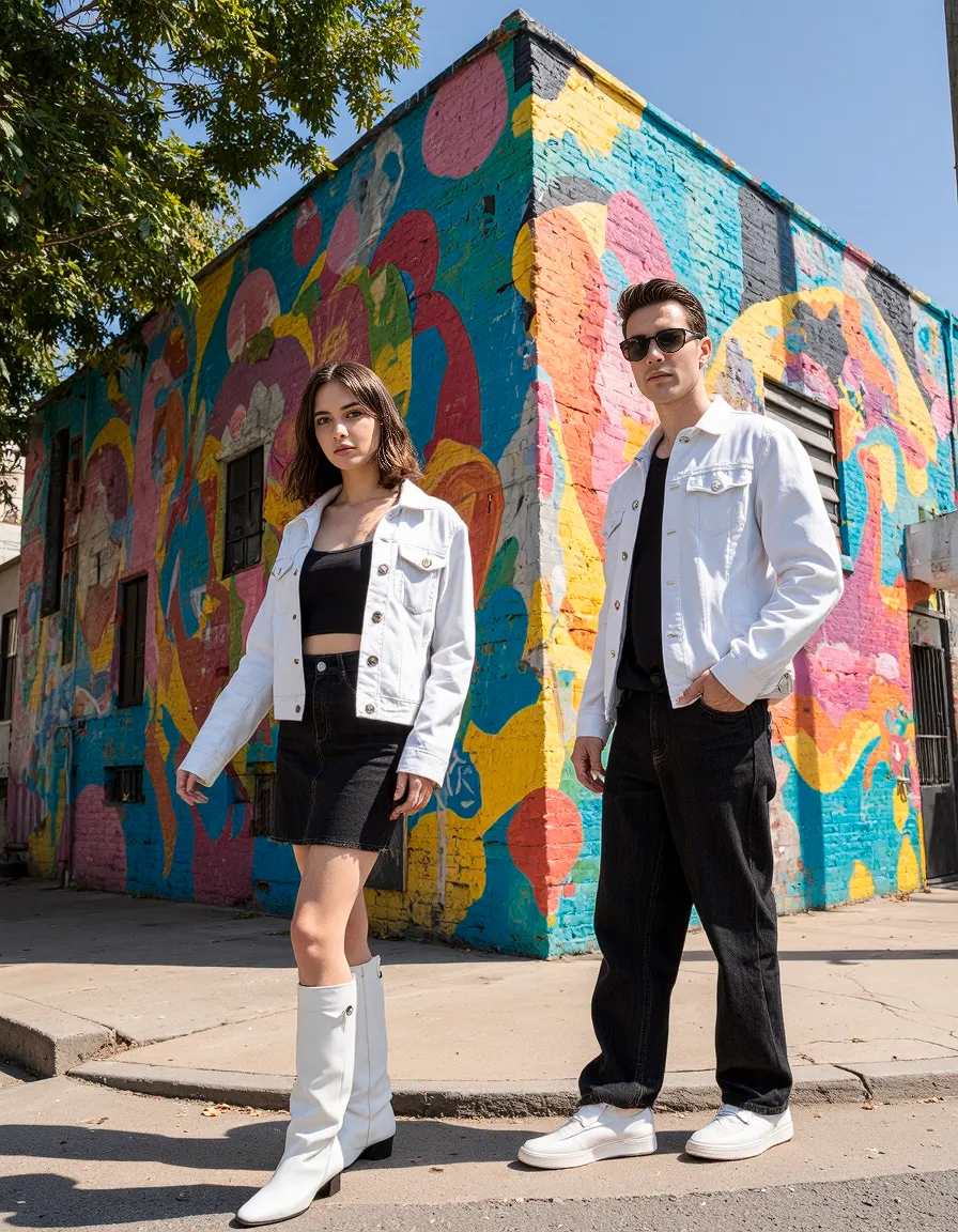 Two models in matching white jackets and black bottoms pose against a vibrant, multi-colored mural on a sunny day in an urban setting.