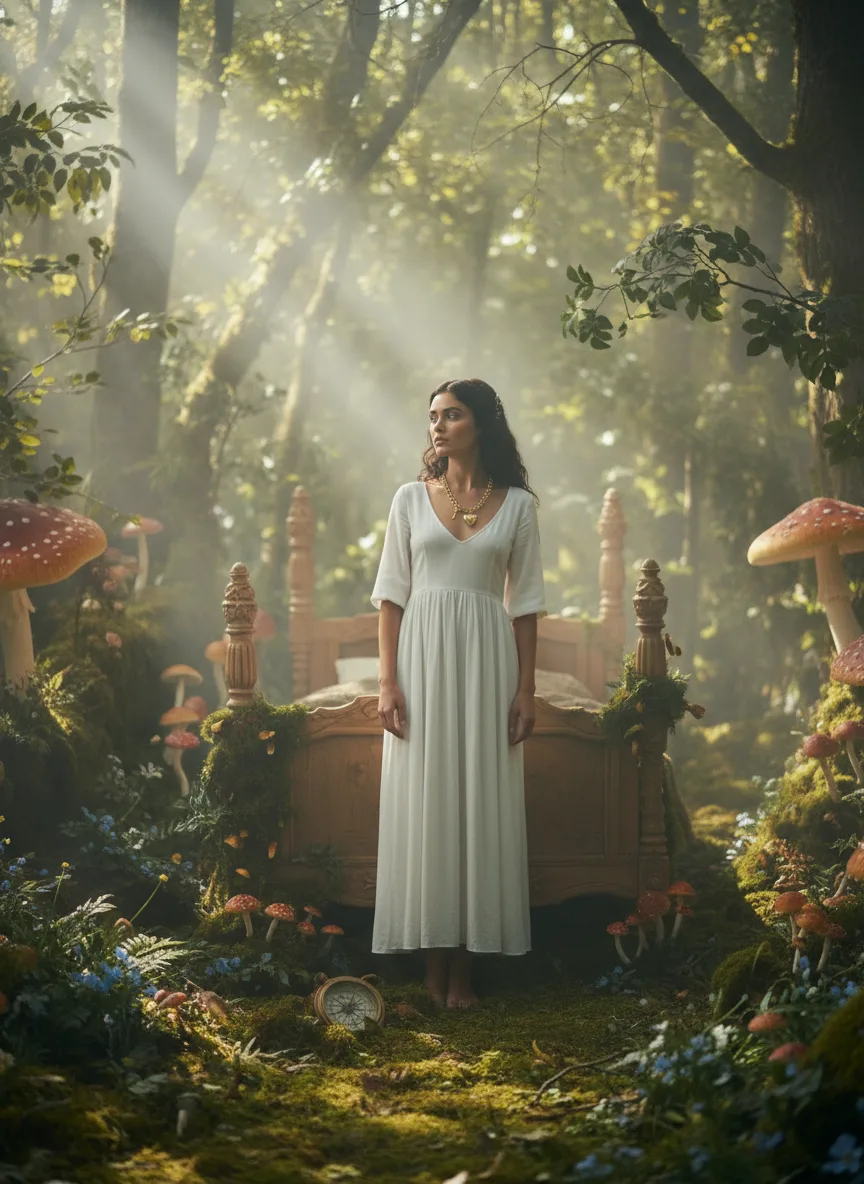 scene4-ai product photography-jewelry necklace campaign creation-featuring a high fashion model in a fairytale setting-6