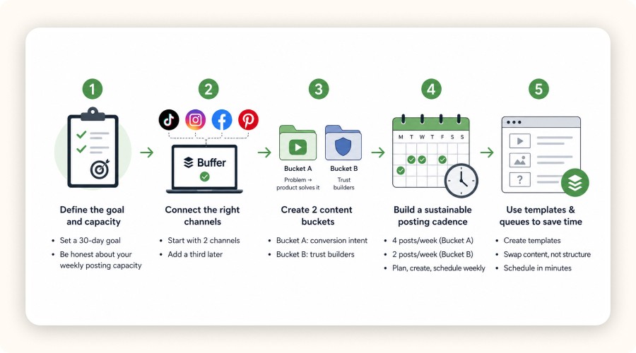 Simple horizontal illustration of Buffer workflow setup with five clear steps&nbsp;