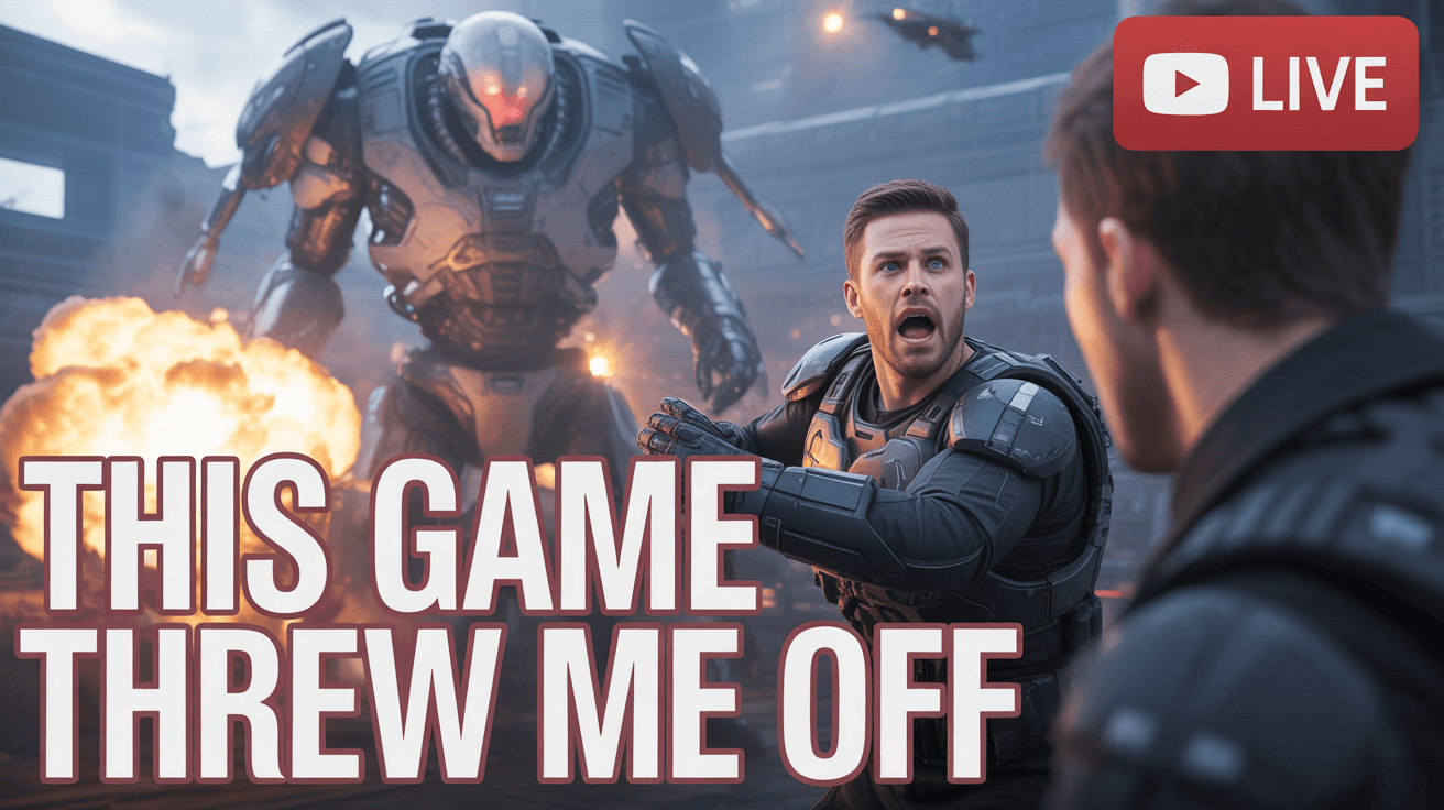 Shocked sci-fi soldier faces towering alien mech with red eyes explosions and LIVE badge