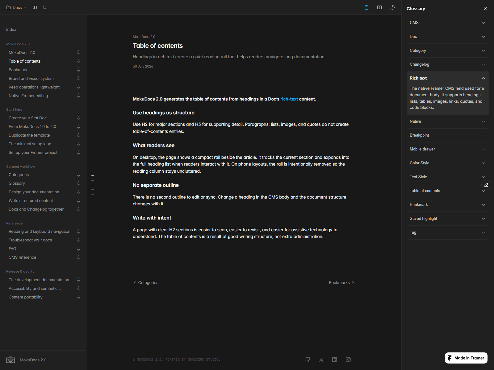A doc page in dark theme with the glossary panel open: the term rich-text is linked in the body and its definition is expanded in the side panel