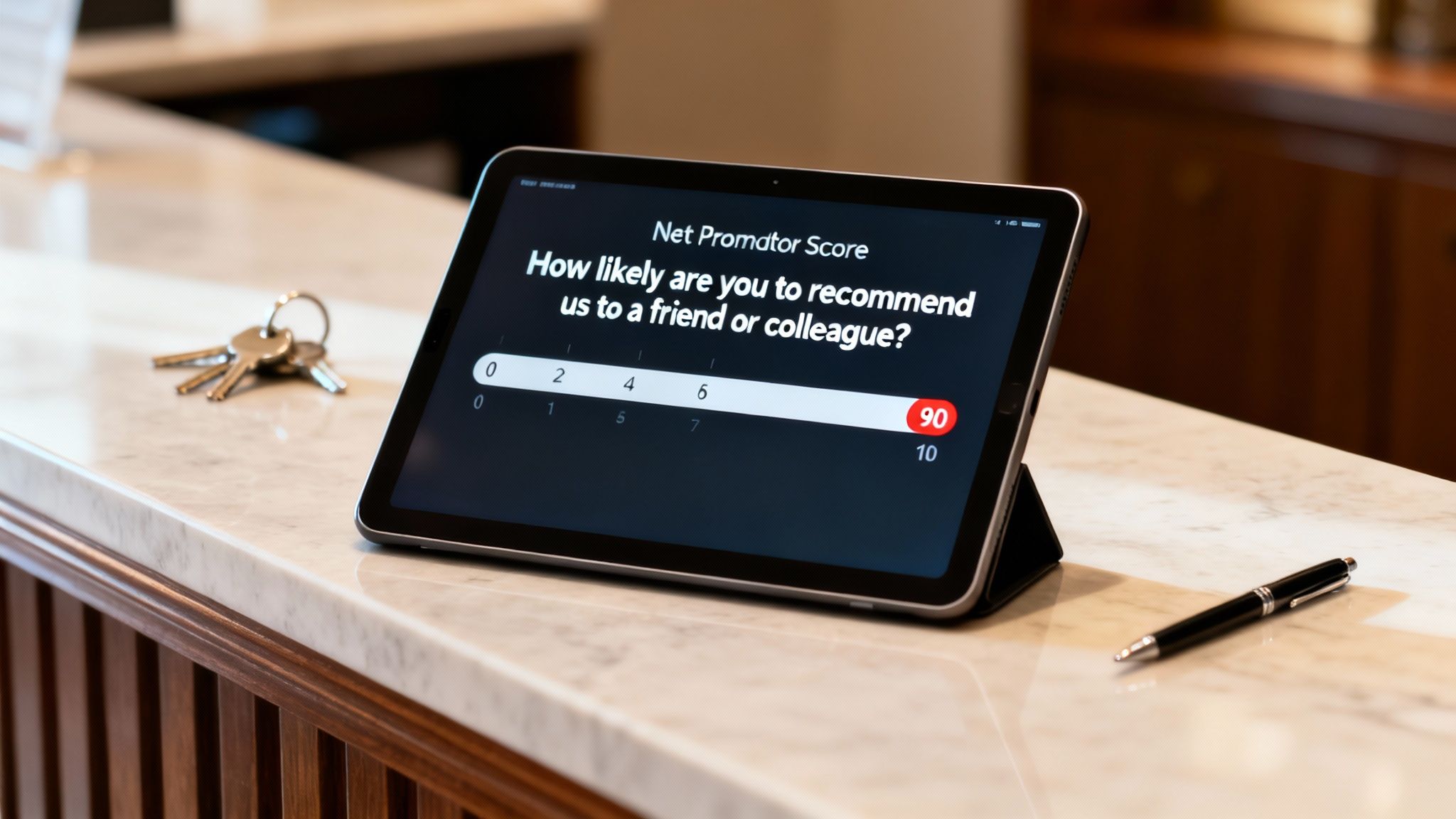 Tablet displaying a Net Promoter Score survey with keys and a pen on a marble counter.