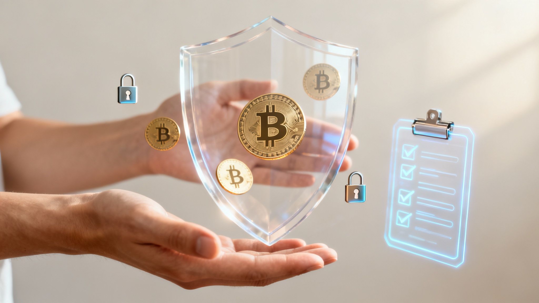 Hands hold a glowing shield protecting multiple bitcoins, with lock icons and a digital checklist.