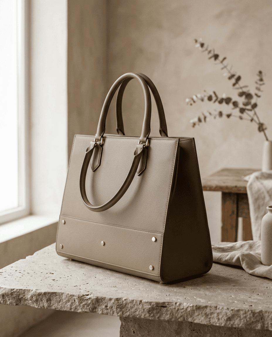 Taupe Structured Leather Tote — Taupe — styled