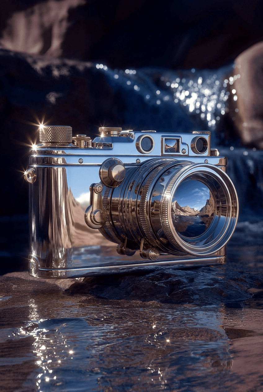 Editorial visual – fully mirrored vintage camera in chrome and brass, desert landscape reflected in the lens, against a waterfall backdrop.