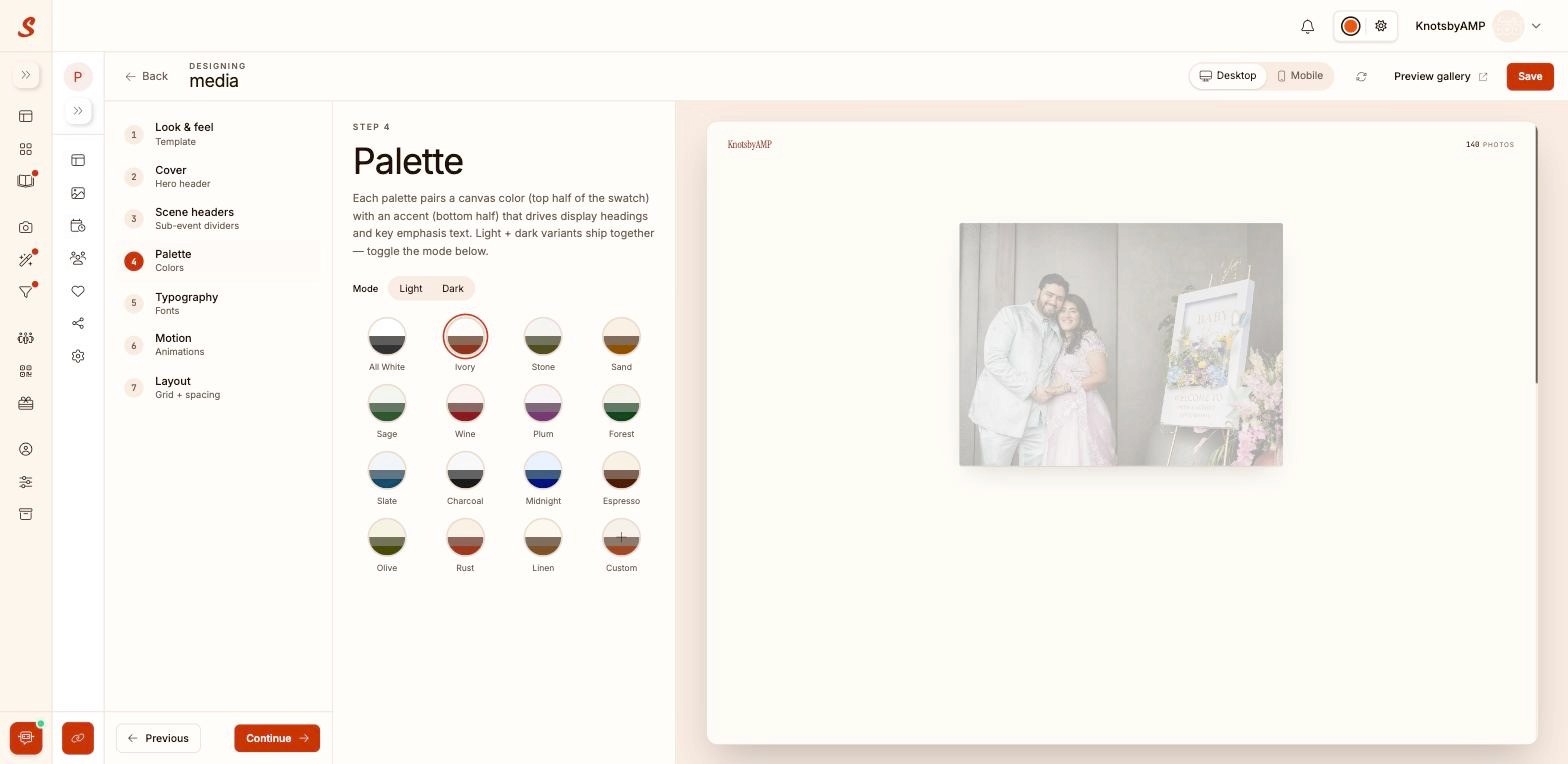 Samaro Gallery Design Palette step showing curated light and dark color pair options for a wedding gallery