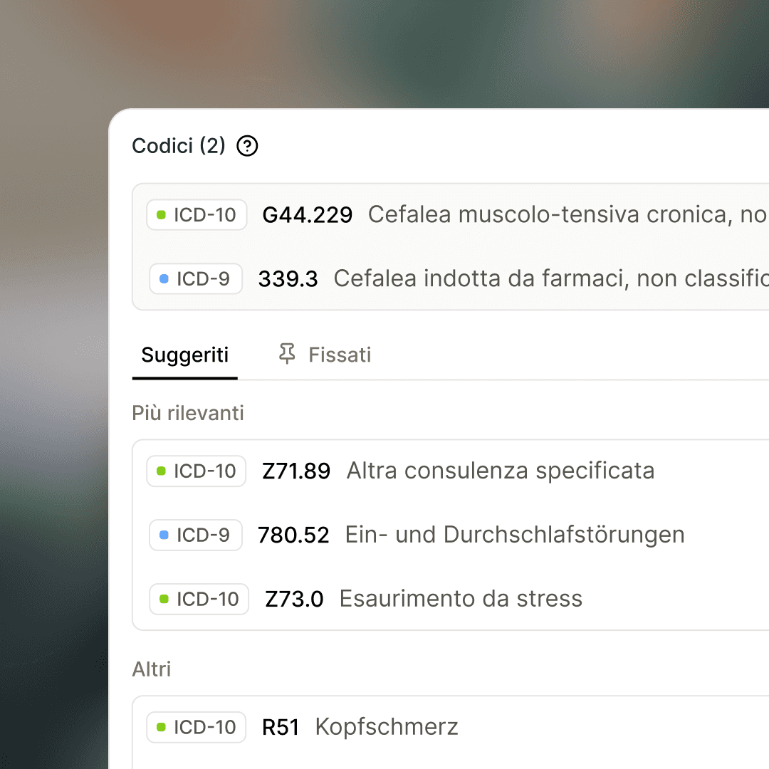 Tandem Coding Assistant suggesting diagnosis and procedure codes alongside a clinical note, with codes ranked by relevance.