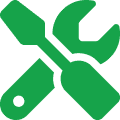 Image of a green icon featuring a wrench crossed with a screwdriver, symbolizing tools or settings in a digital context.
