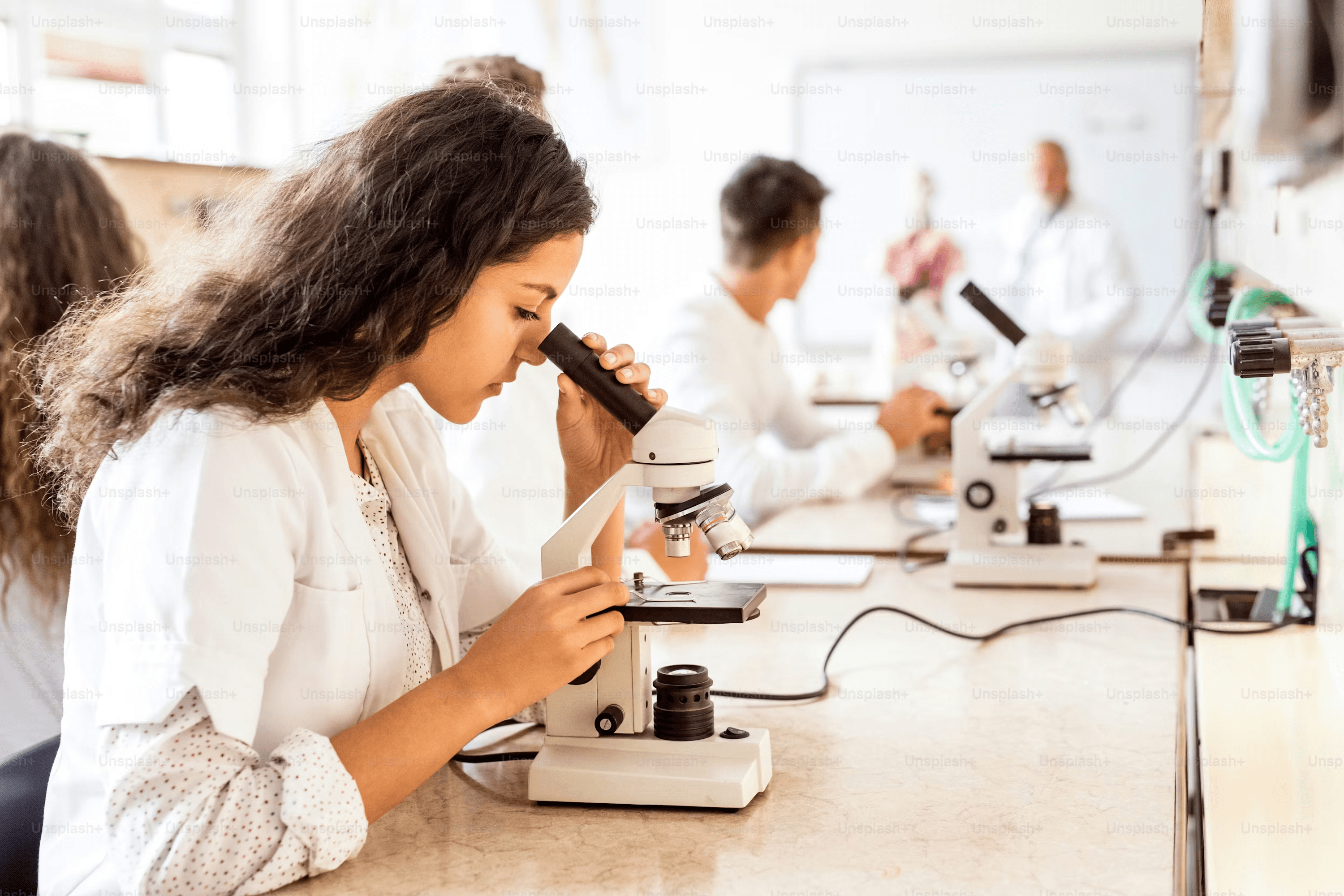 High school student conducting microbiology research under PhD mentor guidance in a university laboratory setting